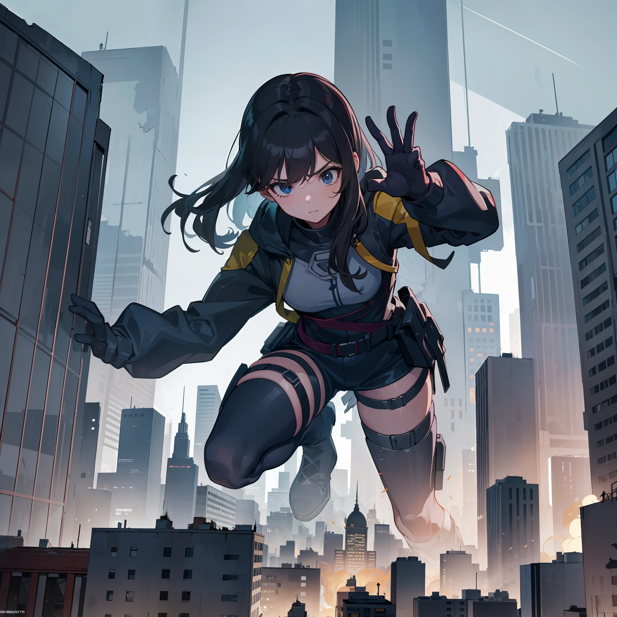 1girl , quadriceps, GTSCity, crawling in the middle of buildings, 50 meters tall, cute, holding a small boy, shocked, destroyed buildings, nice hands, best quality, masterpiece, top view, bigger than buildings, good anatomy, ((height difference:1.2)),embarassed