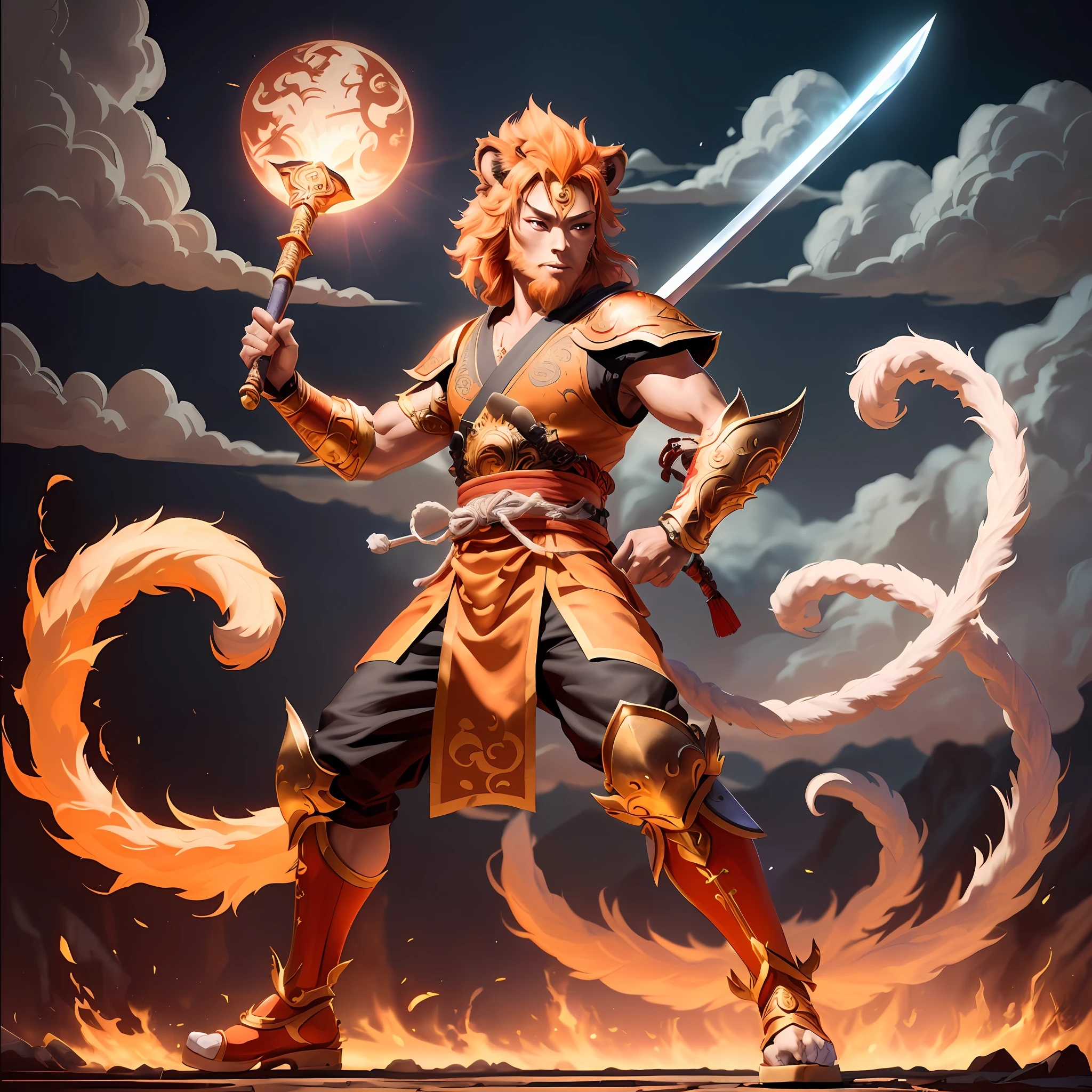 arafed image of a woman with a sword and a fire, sun wukong, wukong, epic fantasy digital art style, epic fantasy art style, monkey king, akira from chinese mythology, handsome guy in demon slayer art, lion warrior, epic fantasy style art, legendary god holding spear, ne zha from smite, d & d fantasy character