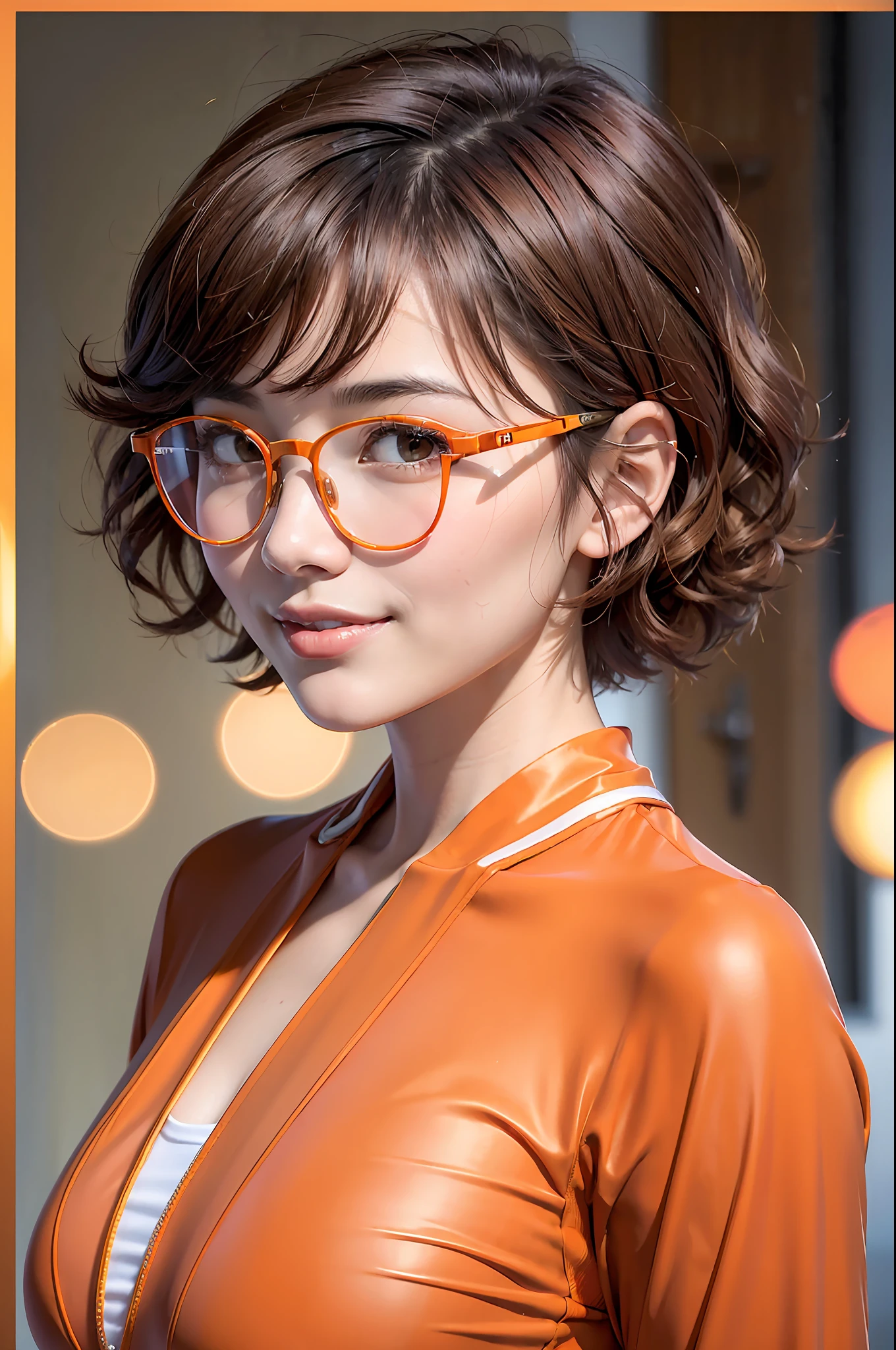 (Best quality, 8k, 32k, Masterpiece, UHD:1.2),Photo of Pretty Japanese woman, red round glasses,very short hair, frizzy brown hair,smile,UHD image,upper body,(orange suit:1.1),white T-shirt,looking at around