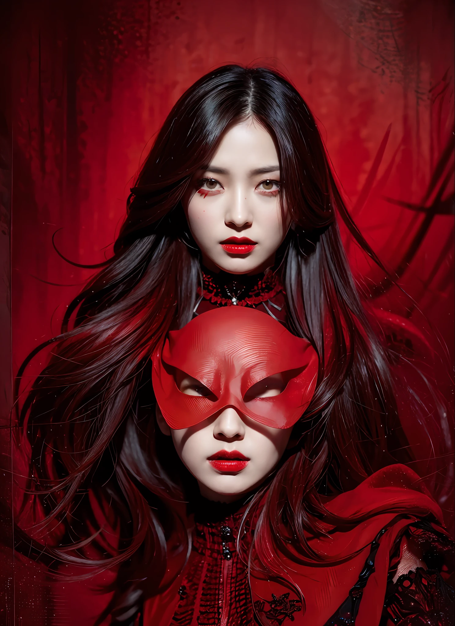 It produces works by women that combine a dark and mad world based on red with intense fantasy elements. She has a creepy and charming figure, dressed all over her body in a dark red fashion style. The background is a fantastic fantasy world, where magical lights dance, strange creatures and magical plants are present. Her figure is mysterious, with a brilliant blend of dark vibes and fantasy essence.
The effects of light and shadow are skillfully presented, and the details of the dark red costume and her face and expression are meticulously drawn. The fantasy element intensifies even more, and a red light envelops her. The overall atmosphere is mysterious and enchanting, yet it has its own artistic touch. The red and dark tones of this work stand out, which will evoke visual stimulation and aesthetic sensation, giving the viewer interest and mysterious charm.
He creates a work based on dark red that weaves fantasy elements into a dark and mad worldview. Her eerie and charming figure and fantastic red background will make a deep impression on the viewer as a unique work of art.