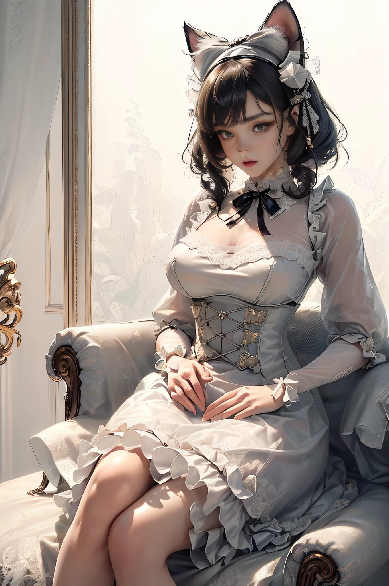 [Detailed illustrations, art based on extremely ideal anatomy, very detailed and detailed drawings, slow and delicate lines, realistic texture expression],(((Color tressed main lines)),(Artwork with outstanding craftsmanship),(((Strange bedroom background)),Girl Japanese Beauty 15 years old (Luxury girl) [Cat ears (plump) (large, drooping breasts, (wide areolas))],( Babydoll) White Corset (Ribbon Ruffled Lace Fabric ((Lolita Fashion))),(Realistic and Lustrous Skin Expression ((High Humidity))(Soft Body)),((Seated (Weakness)))) Gravure,Transparency Soft ambient light,((Fine and beautiful skin expression (transparency)))),((Clear gaze)),((Perfect eye details (Beautifully drawn eyes))),(( Beautiful perfect face (realistic face details)),((Beautiful hair details)),(Perfectly proportioned proportions)),(Design built to a high level,((Advanced structural understanding of materials)),Ideal color coordination),((Artistic decoration)) ((Dense details)),((Detail,High definition)),[(Ultra-precision detail),(((Multilayer texture)), HighQuality,High Resolution],((Accurate simulation of light-material interaction, understanding of air flow, mechanically correct representation)),(((Visual art with a sense of narrative)).