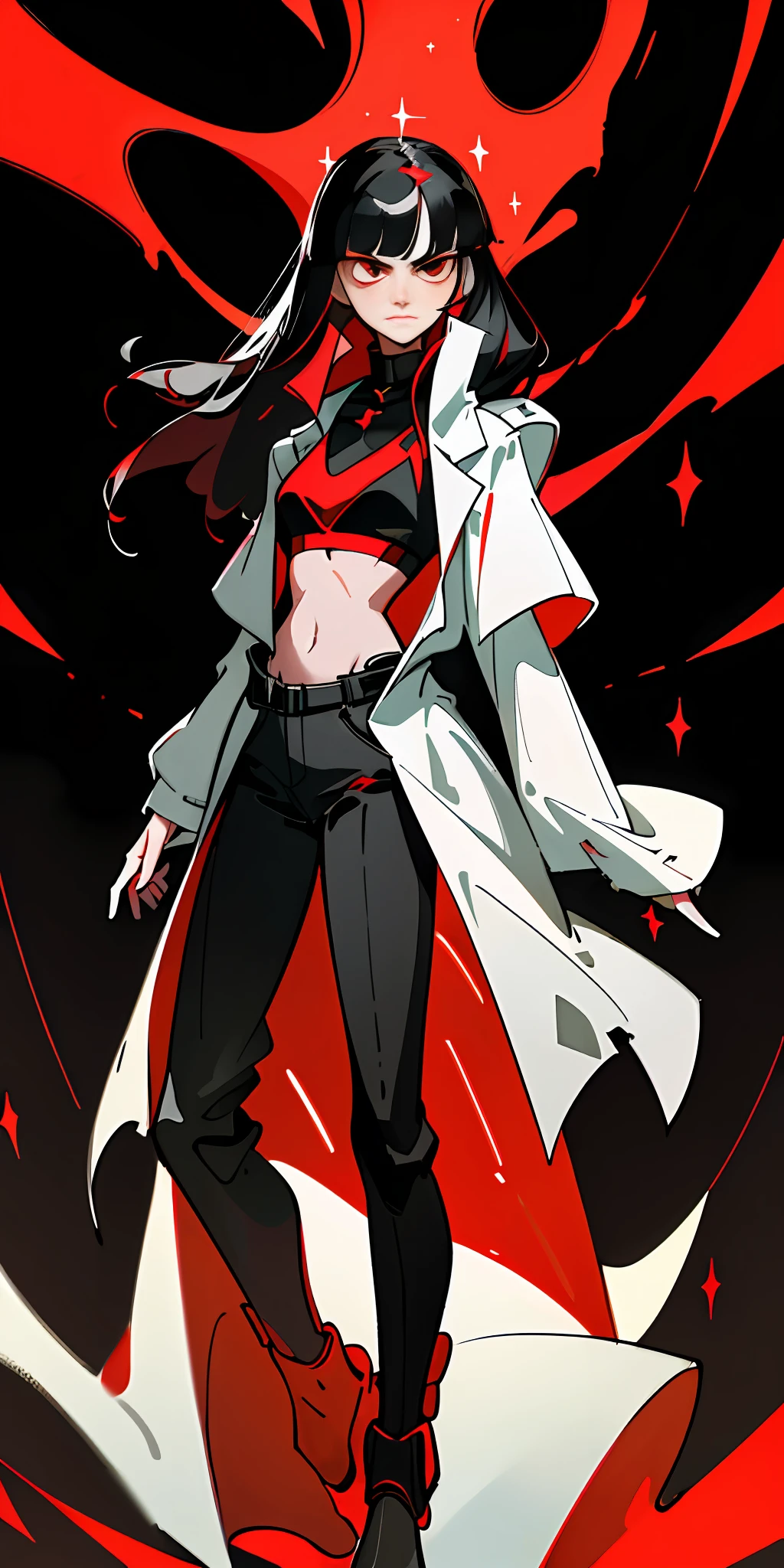 (Best quality, masterpiece), 1girl, red and black color scheme, glitter, crop top, trendy outfit, qi bangs, princess cut, handsome, coat, serious, cold, particles, dark simple background, red eyes, dead eyes, black long straight hair, white coat, lab coat, vista, laboratory, design drawing
