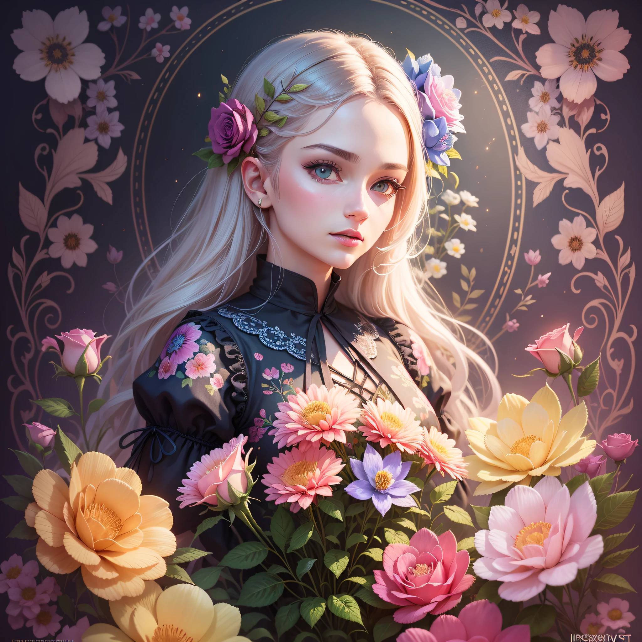 A detailed illustration of flowers, intricated details, t shirt design, seamless patterns, abstract design, rainbow colors, pastel tetradic colors, roses, variety of colorful flowers, 3D vector art, beautiful and quirky, fantasy art, light background, modern art, watercolor effect, bokeh, Adobe Illustrator, hand-drawn, digital painting, low-poly, soft lighting, isometric style, modern aesthetic, focused on the character, 4K resolution, photorealistic rendering