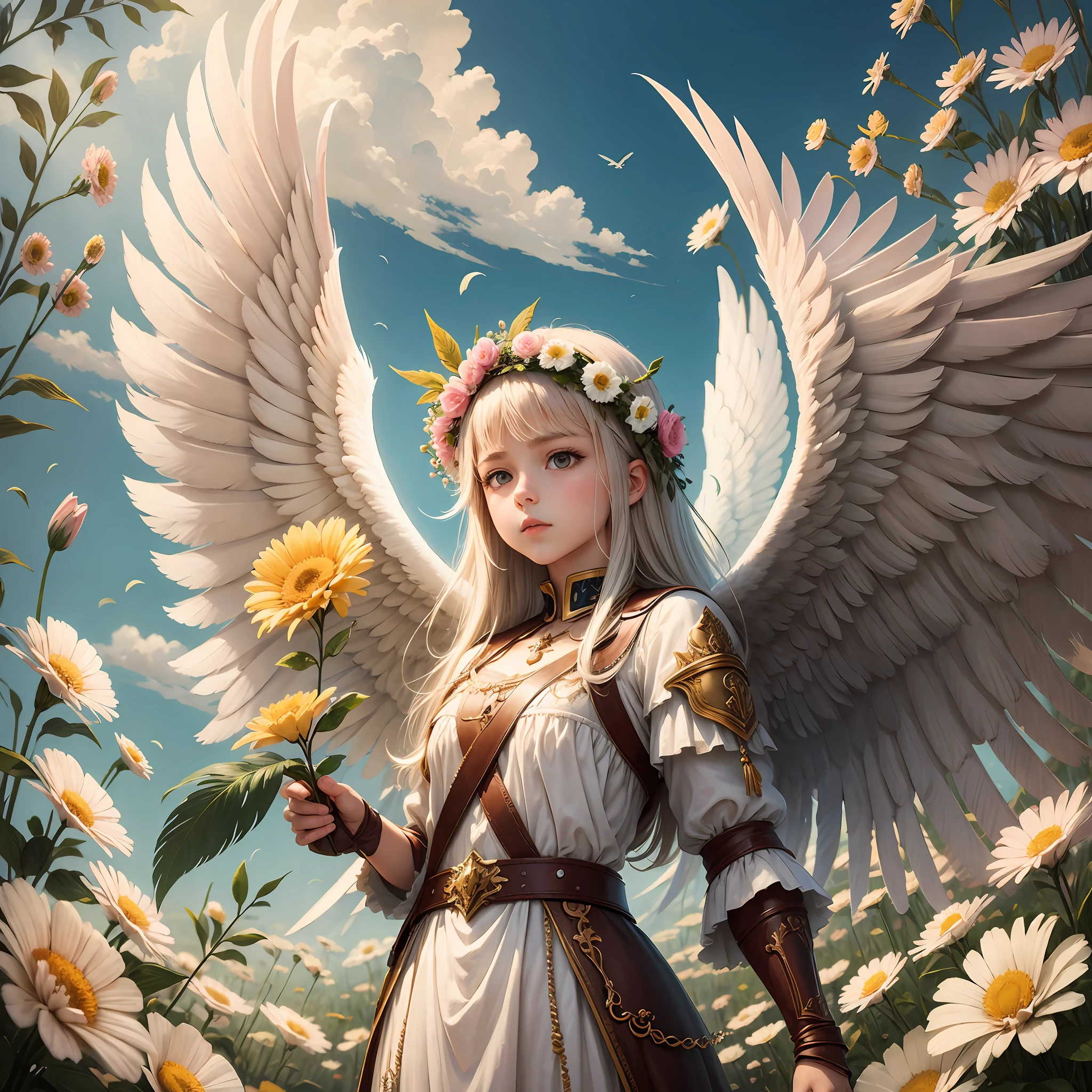 guardian angel with large feathers on the back, freedom, innocent girl, surrounded by many beautiful flowers, --auto --s2