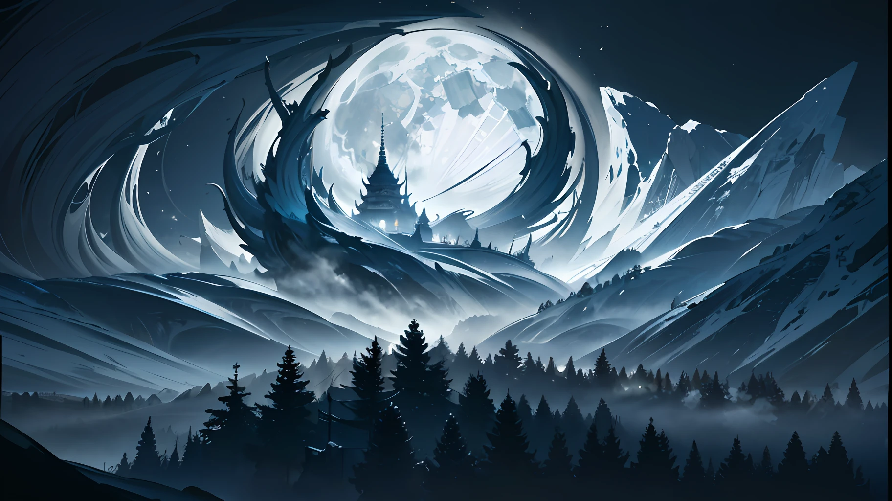 Wide angle, view from the top of the mountain: full moon on the upper right, the sky is snowing, large coniferous forest below, a temple in the woods, hyper-detail, inner detail, microscopic view, insect perspective, low angle, foreground cave, moonlight snow, cinematic art, cinematic lens sense, large wide angle, extremely sharp old paper details, high paper details, high line details, high resolution, ultra-high quality, original, 8k images, extremely high color detail, intricate, epic composition, cinematic lighting, masterpieces, bold complementary colors. Chinese style landscape painting meticulously drawn by artgerm and range, yellow paper color, painted with black and white ink, extremely clear old paper detail, high paper detail, high line detail, high resolution, super high quality, original, 8k image, intricate, epic composition, cinematic lighting, masterpiece, Artstation, Sergey Svistunov, surrealism, dense fog, format 16:9, overall dark --auto --s2
