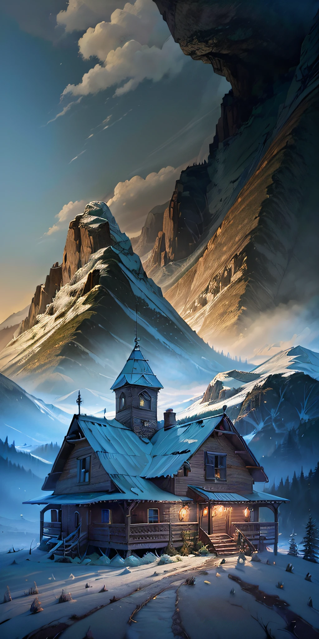 there is a painting of a cabin in the mountains with a mountain in the background, 8k high quality detailed art, 4k highly detailed digital art, stefan koidl inspired, detailed painting 4 k, 4k detailed digital art, 8k stunning artwork, beautiful digital artwork, 4k hd matte digital painting, beautiful 3 d concept art, very detailed digital painting