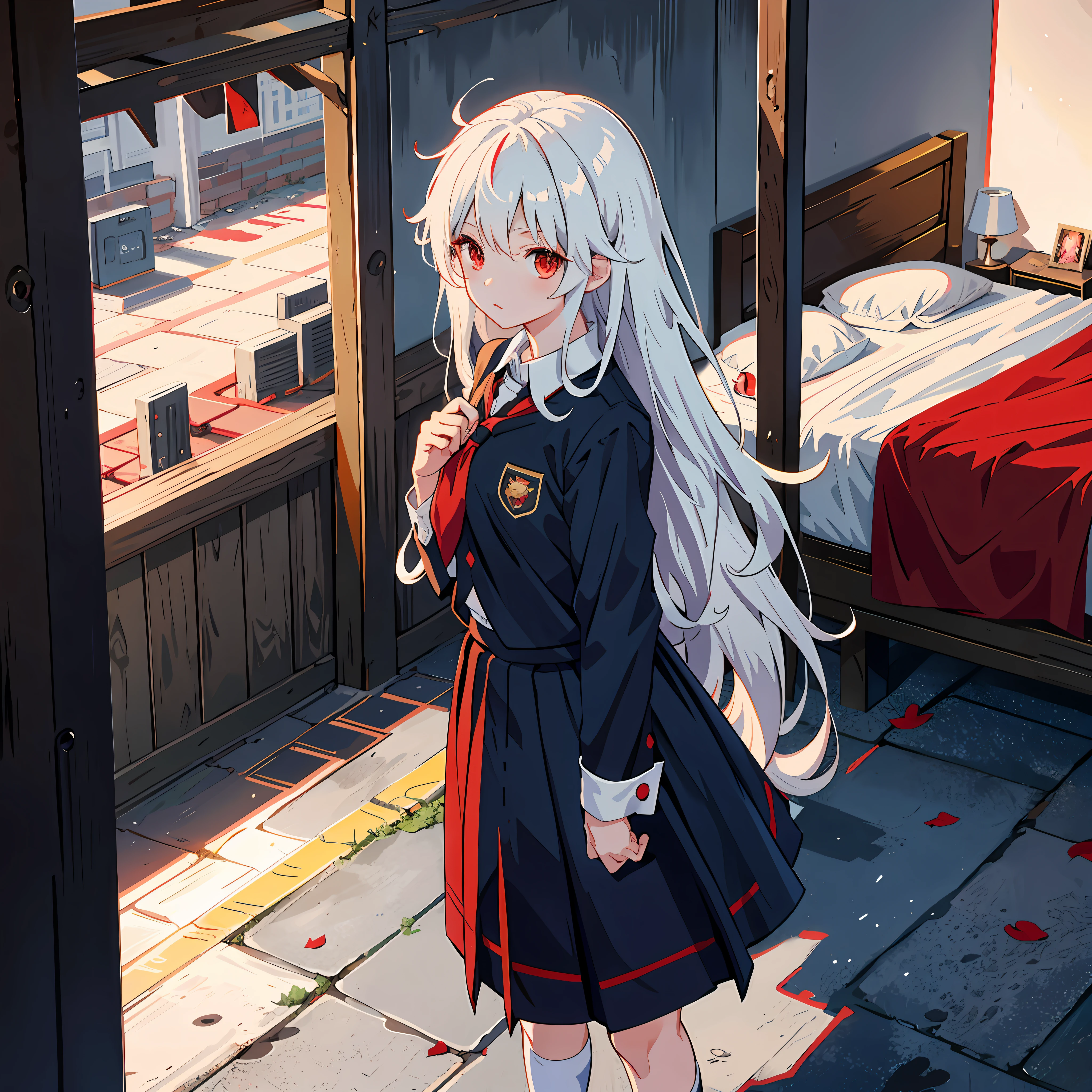 Amazing Beautiful Girl, Solo, Red Eyes, Silver Hair, Long Hair, School Uniform, Petite, Splash Art Anime Lori, Best Shadow, Dark Night, Masterpiece, Best Quality, Fine Detail, Bedroom