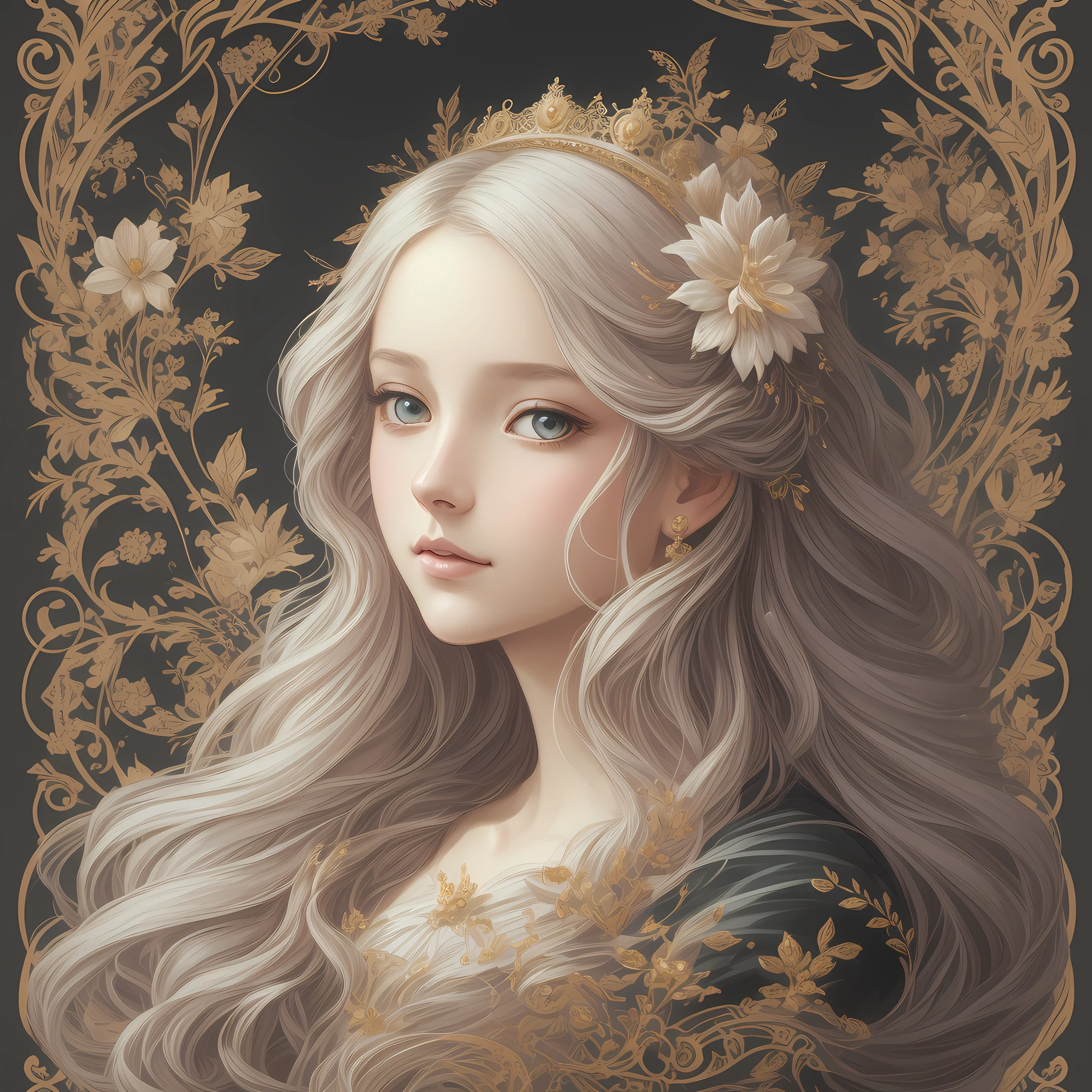 ((gorgeous princess)), (with long flowing white hair), (bright and beautiful eyes), trending on Art Station, flower of hope by Jean-Honor Fragonard, Peter mohrbacher, super detailed, crazy details , stunning sophisticated elite art nouveau ornate liquid wax elegant luxurious greg rutkowski ink style sticker vector art beautiful character design double exposure shot luminous design, winning entry, masterpiece, amoled black background, --auto --s2