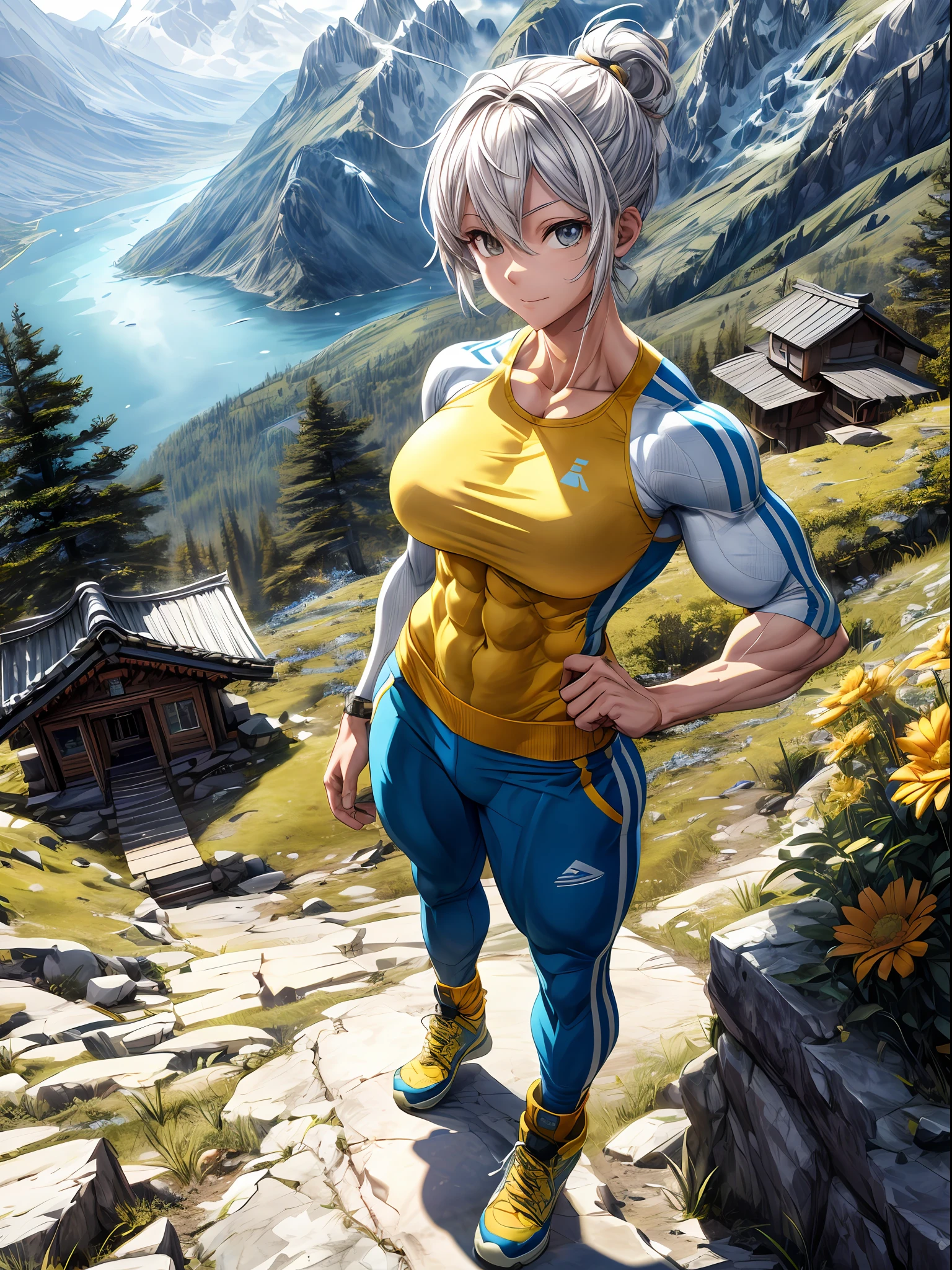 (best lighting) , (super-complex details) , 4K unified, (super-detailed CG: 1.2) , (8K: 1.2),(original), (masterpiece) , (best quality),(Masterpiece:1.4),Anime-ish high quality,(masterpiece),masterpiece, best quality, absurdres,((Masterpeace, 4k, 8k, highres))1girl, she is hiking up a mountain towards a mountain resort, hiking clothes, spring, boots, perfect figure, yellow short asymmetric hair, sweat, dynamic pose, ((body builder:1.4)),temple background,(beautiful bace),(girl),(female),(upper body)