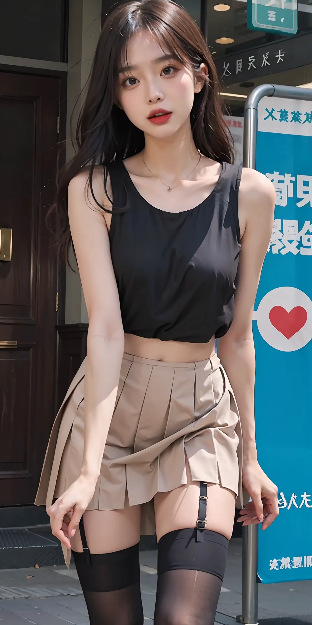 A thin woman wearing a pleated skirt of stockings, with a confused and seductive expression, sticking out her tongue, leaking out the bottom of the skirt, not wearing underwear, nude photos