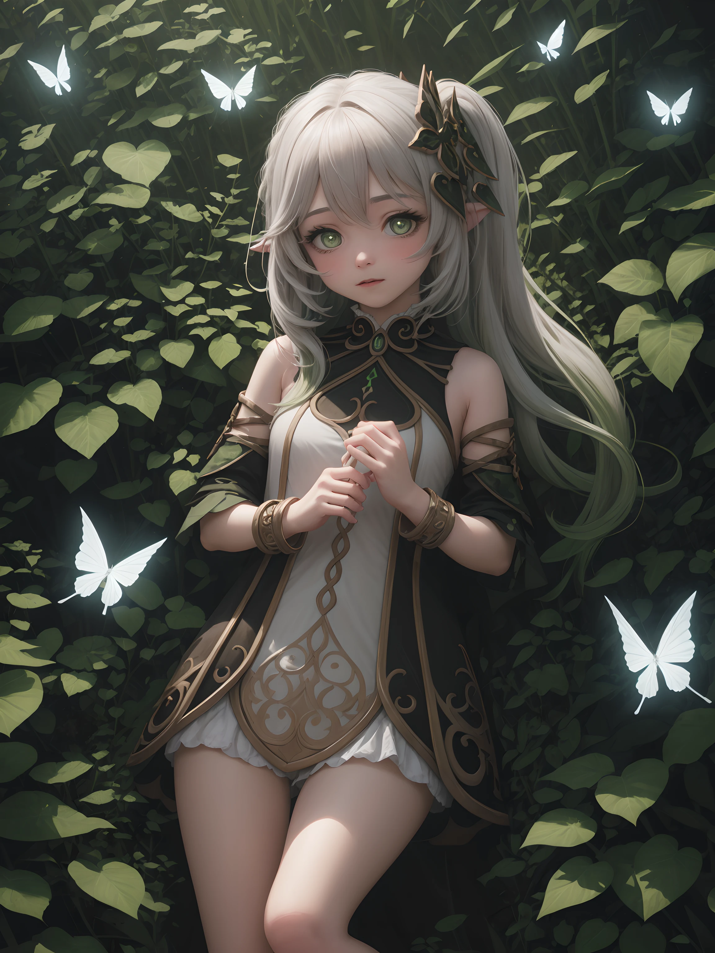 1girl, solo, full body, (masterpiece:1.21), (best quality:1.2), colorful, (illustration:1.2), (cinematic lighting:1.1), (bare shoulders:1.21), (collarbone:1.21)
In this whimsical and fantastical garden, the scene is illuminated by a rainbow of (colorful fireflies), dancing and fluttering in the air. The garden is decorated by a gentle (drizzle), creating a misty and ethereal atmosphere. In the center of the scene, there is a single girl, an extremely delicate and beautiful girl, with cute features and an innocent expression. Her long hair is flowing with the wind. She is wearing no shoulder straps dress, which is ultra low cut, highlighting her delicate curves.

The lighting is very delicate and beautiful, creating a soft and warm glow that highlights the water, making it sparkle like diamonds. The finest grass is also illuminated, creating a lush and verdant carpet. The garden is surrounded by colorful flower fields, with blooms of every color and shape. (Colorful butterflies), of every shade and size, can be seen fluttering around the scene, adding to the overall sense of wonder and magic. (look ai viewer),A blush can be seen on her nose, and her mouth is slightly open, adding to the overall sense of innocence and youthfulness. Falling petals can be seen floating around her, adding to the overall sense of romance and beauty. A gentle wind is blowing through the scene, making the leaves rustle and the flowers sway, adding to the overall sense of movement and life. This is a scene of pure wonder and magic, filled with color and beauty, where the viewer can lose themselves in the enchanting and captivating world.