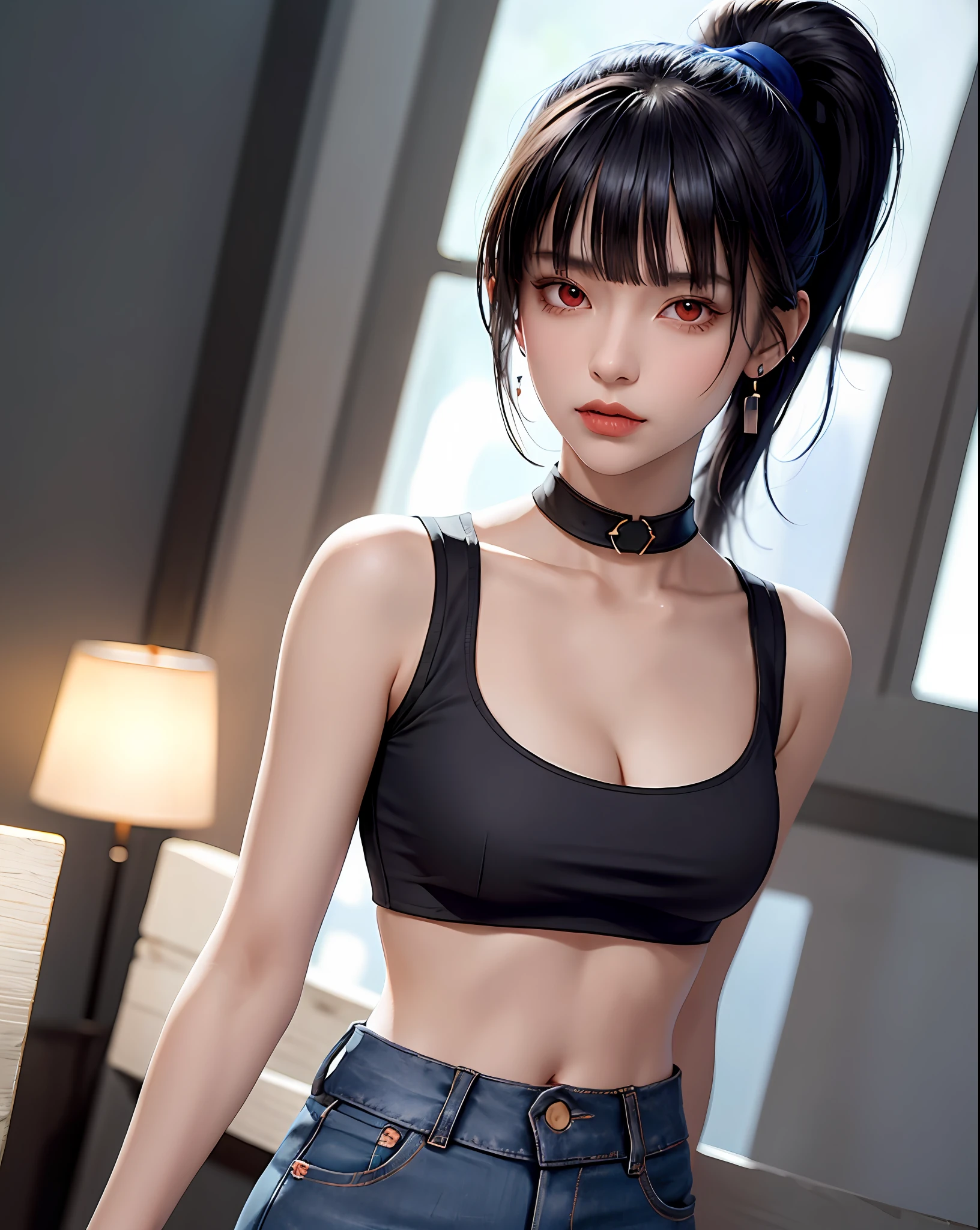 (masterpiece, best quality, 1girl, solo, intricate details, chromatic aberration), (realistic),(skin),1girl shizuku high ponytail, ((medium breath)),(black hair,blunt bangs),detailed hair, red head ornament, blue highlights, hair over one eye,red eyes, small earrings, sharp eyes, choker,((black crop top cleavage cutout )),jeans,(symmetry eyes),(perfect symmetrical body), night,(((natural light))),backlighting,against grey  wall, dim lighting ,standing,(look at viewer),((centered shot, from front,(face and waist))),