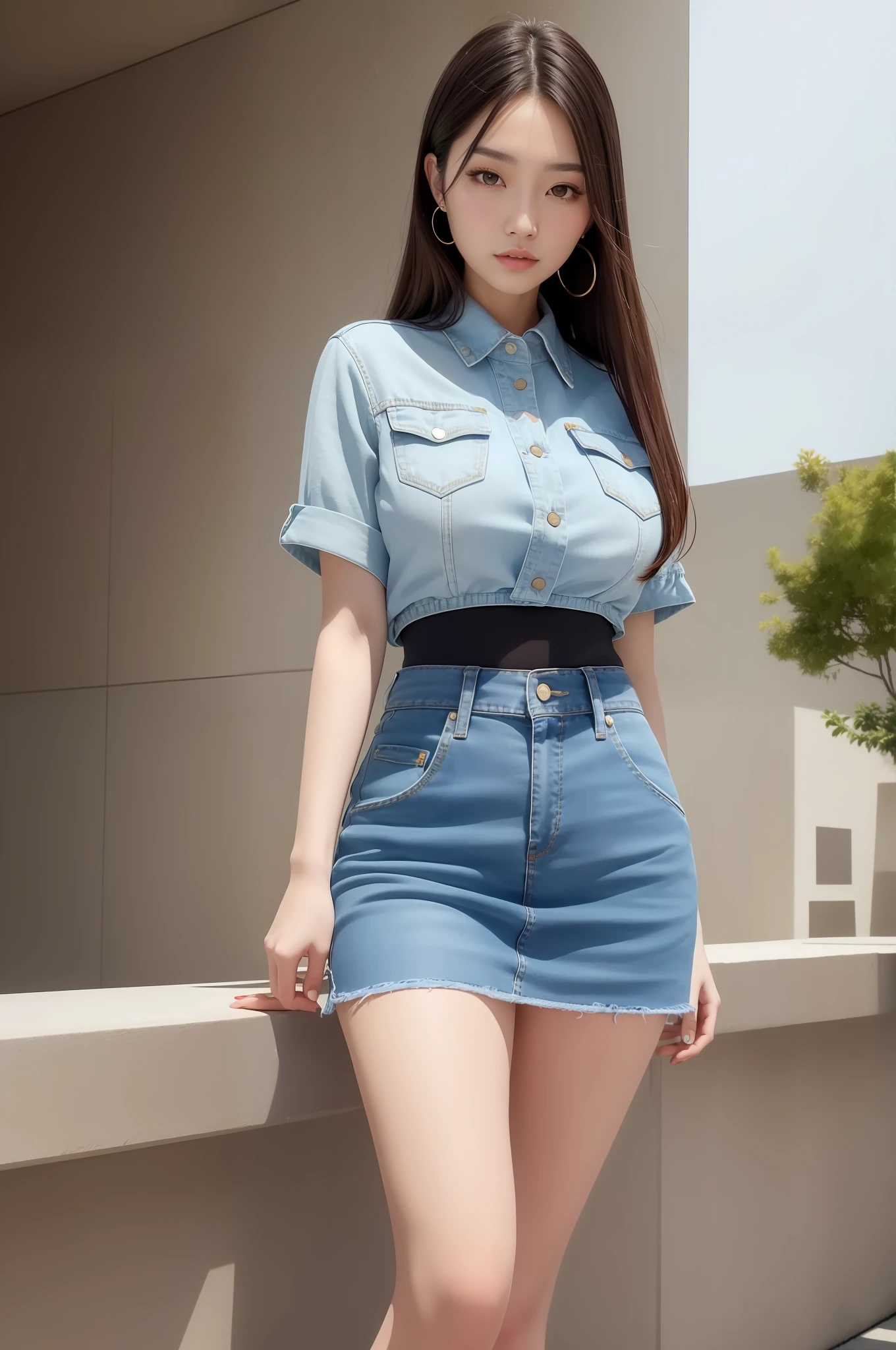 Best quality, super high resolution, (realism: 1.4), Ji Xiaoman, big breasts, denim skirt, masterpiece, outdoor, full body, fine face, glowing legs