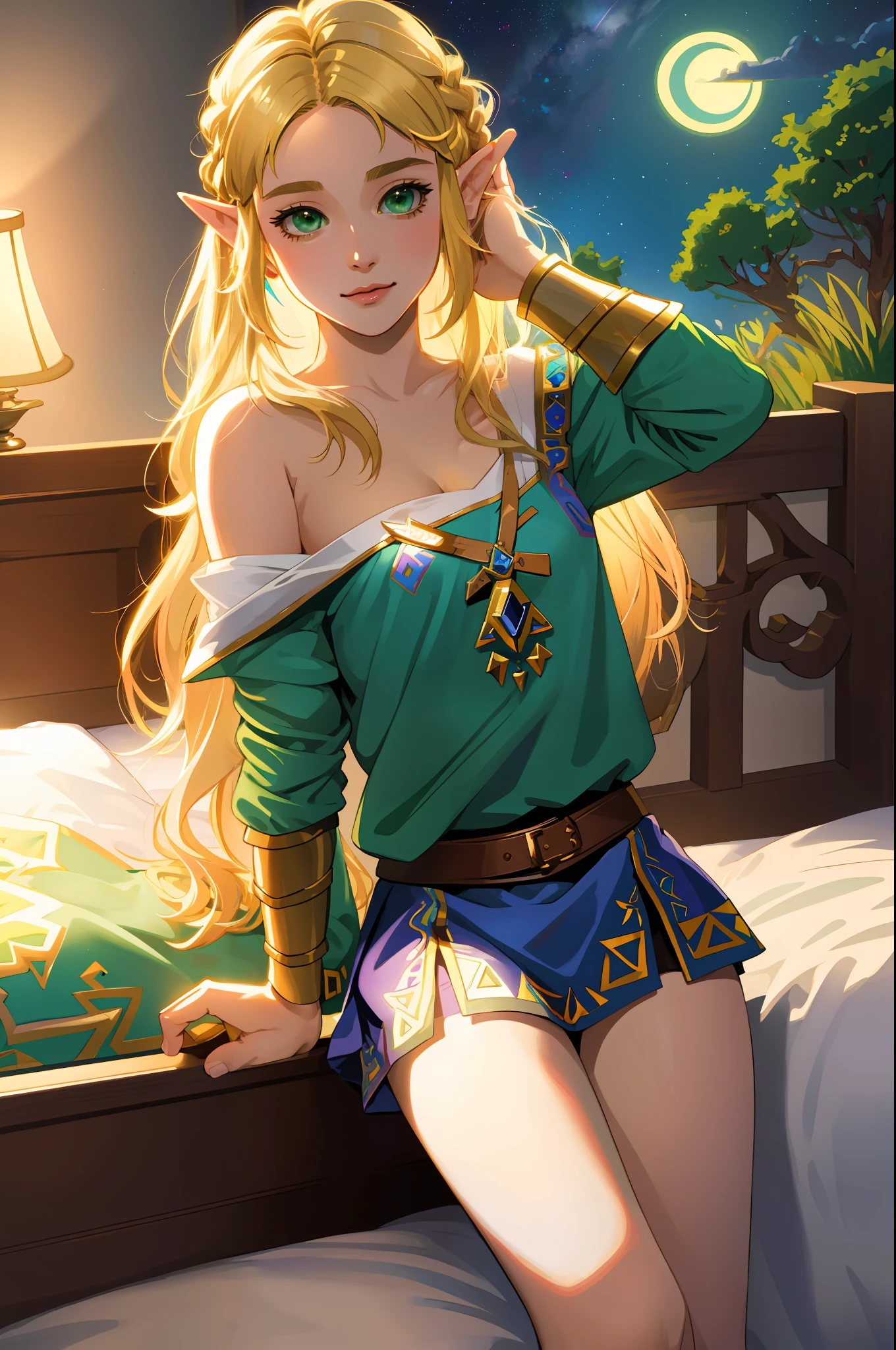 Zelda ((masterpiece)), (illustration), ((best quality)), rainbow color, high resolution illustration, Amazing, highres, intricate detail, extremely detailed CG unity 8k wallpaper ((zelda)), small breast, naked, Long blonde hair, infatuation, (green eyes), NSFW, moonlight, night, lying in bed, sexy short skirt, no panties