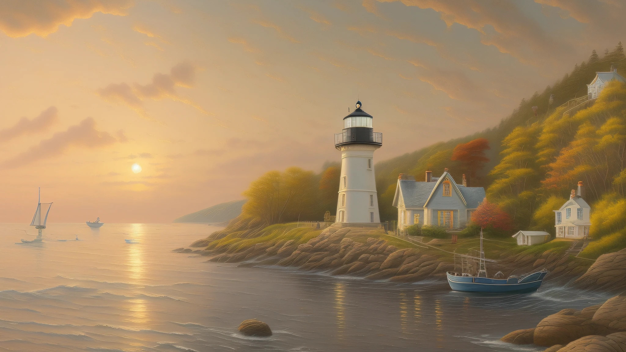 painting of a lighthouse on a rocky shore with a boat in the water, kinkade, thomas kinkade painting, tomas kinkade, 4 k matte thomas kinkade, thomas kinkade. highly detailed, thomas kindkade, by thomas kinkade, by Thomas Kinkade, thomas kincade, rhads and thomas kinkade, thomas kinkade cfg _ scale 9