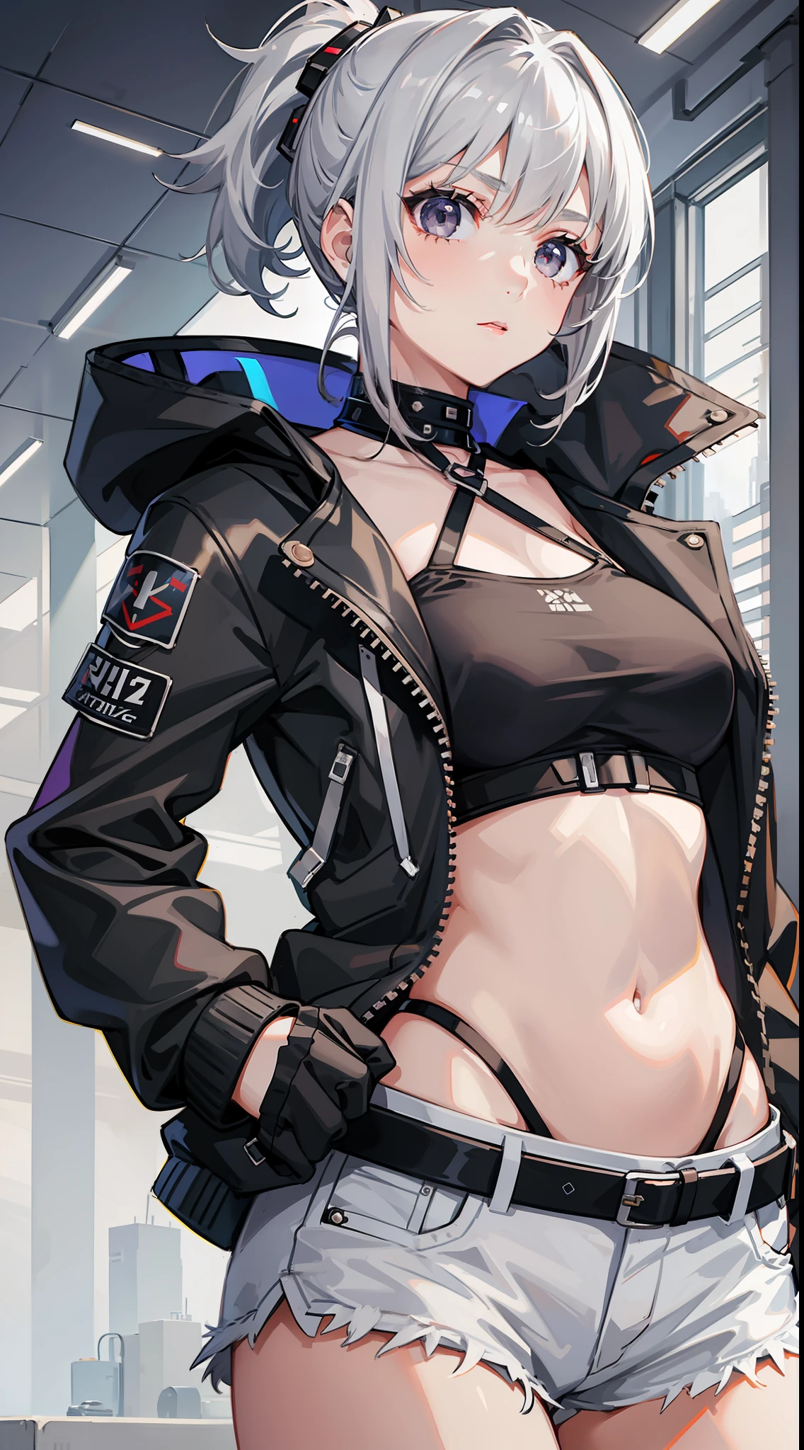 Young girl, short gray hair, gray eyes, high ponytail, cyberpunk, white top, open belly, shorts, furcoat, masterpiece, high quality, SilverWolf