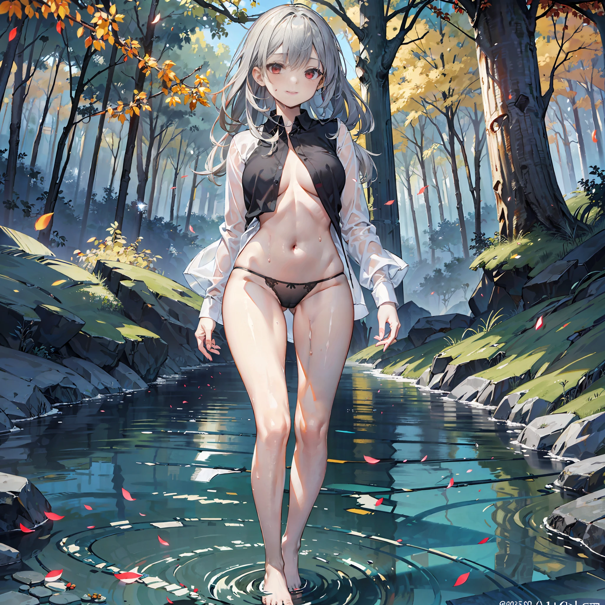 Ultra High Resolution, Masterpiece, (Lori: 1.5), (Gray hair: 1.5), Detailed details, Red eyes, (Small breasts: 1.5), Full body view, Navel, Background blur, Ray tracing, Eyes looking at camera, Happy expression, Bareleg, Barefoot, (Panties only: 1.5), Standing, (Big white shirt: 1.2), (Shirt unbutton: 1.2), (Without bra: 1.3), (Black panties: 1.2), sheer clothes, slim figure, slender legs, sweat, Walk through the river at night through swarms of fireflies