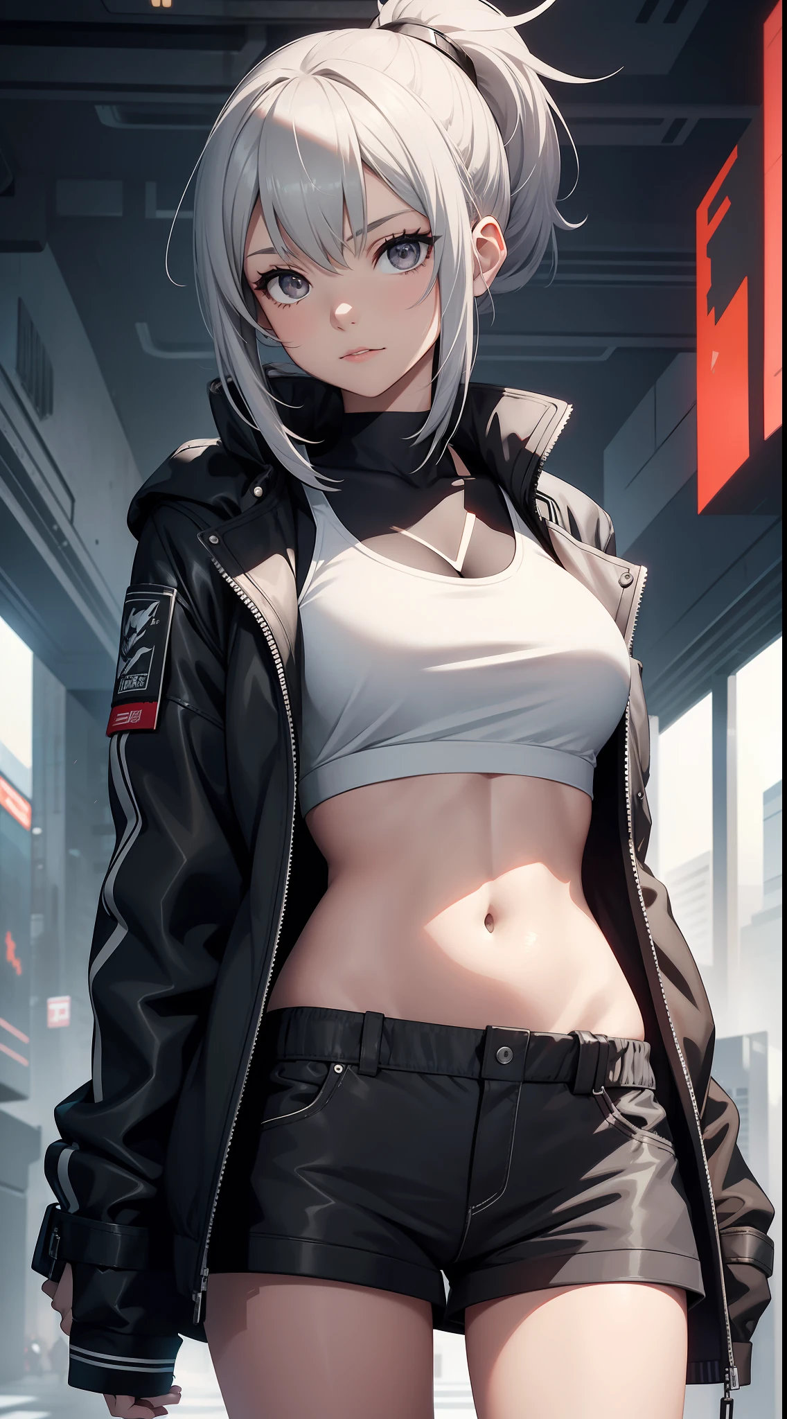Young girl, short gray hair, gray eyes, high ponytail, cyberpunk, white top, open belly, shorts, furcoat, masterpiece, high quality, SilverWolf
