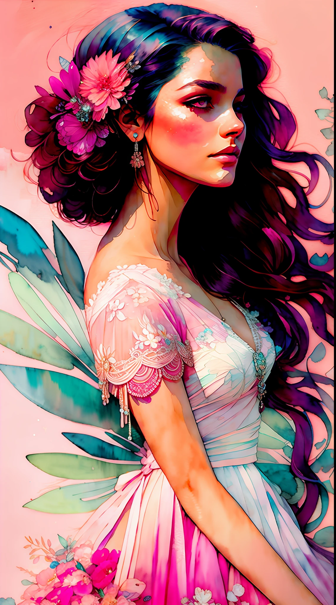 Wtrcolor style, (pink) crystals, lace, boho style, digital art, formal art, gone with the wind, masterpiece, beautiful, (watercolor)), paint splashes, intricate details. Excellent detail, [drop:0.7], Trending on Artstation, Rachel Walker