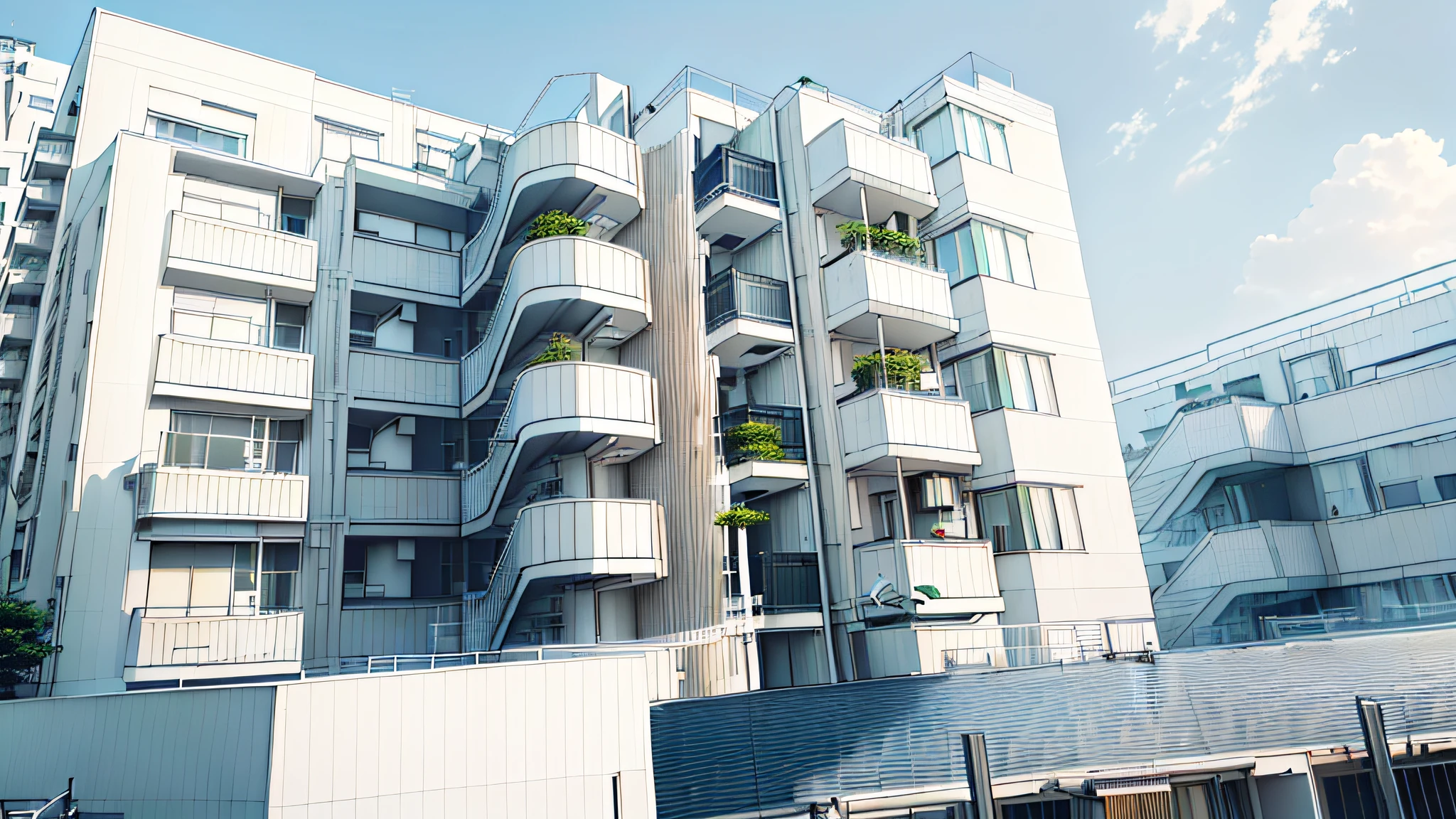 Line drawing, skyscrapers with balconies on it, full buildings, apartments in Japan, balconies with crenels, skyscrapers composed of balconies, stairs, white buildings, residential areas, complexes!, The photo shows a large single building, a complex with white walls, condominiums