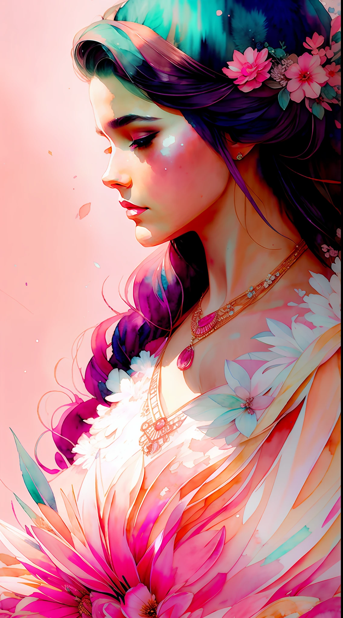 Wtrcolor style, (pink) crystals, lace, boho style, digital art, formal art, gone with the wind, masterpiece, beautiful, (watercolor)), paint splashes, intricate details. Excellent detail, [drop:0.7], Trending on Artstation, Rachel Walker