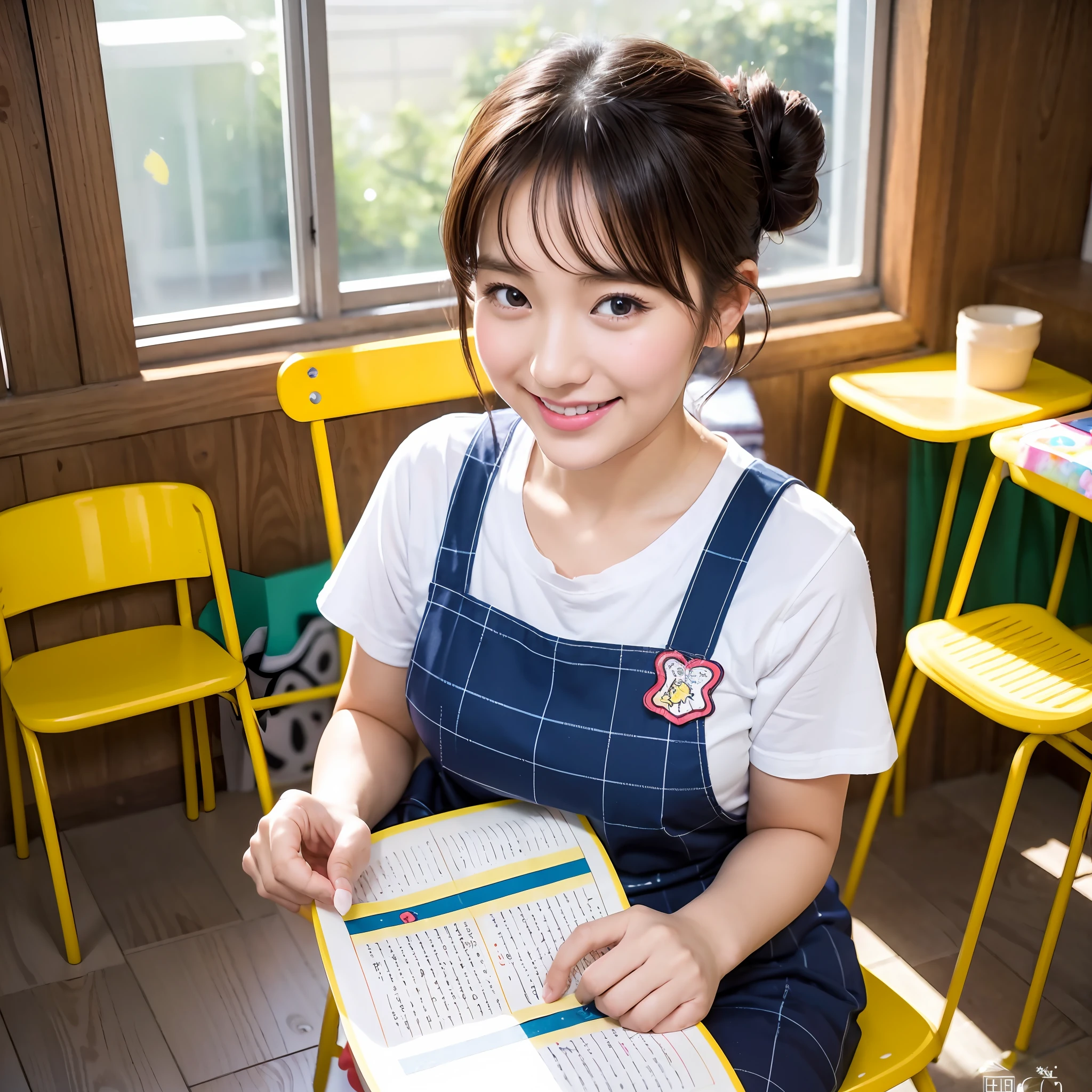 1girl, solo, Best quality, 8k, Photo of Pretty Japanese woman, 25-years-old, beautiful Japanese idol, kindergarten teacher, long straight black hair, large breasts, ((plump)), simple T-shirt, plain jogging pants, checkered apron, best smile ever, photographed indoors at a kindergarten, nurturing eyes, surrounded by colorful toys, vibrant classroom setting, radiant happiness, soft natural light, caring personality, hair tied in a bun, hands on waist pose, sweet feminine aura, reading to children pose, storybook in hand, apron tied with large bow, embroidered initials on apron, smiling amidst her students, gentle yet firm demeanor, lightly freckled cheeks, pencil behind ear, surrounded by child-level furniture, wall decorations of ???'s art, the spirit of warmth and joy, modest casual wear perfect for teaching, drawing board behind, pixie-cut fringe, eyes sparkling with dedication, teacher's chair, little toddler shoes scattered around, humble and dedicated kindergarten teacher, full of life.