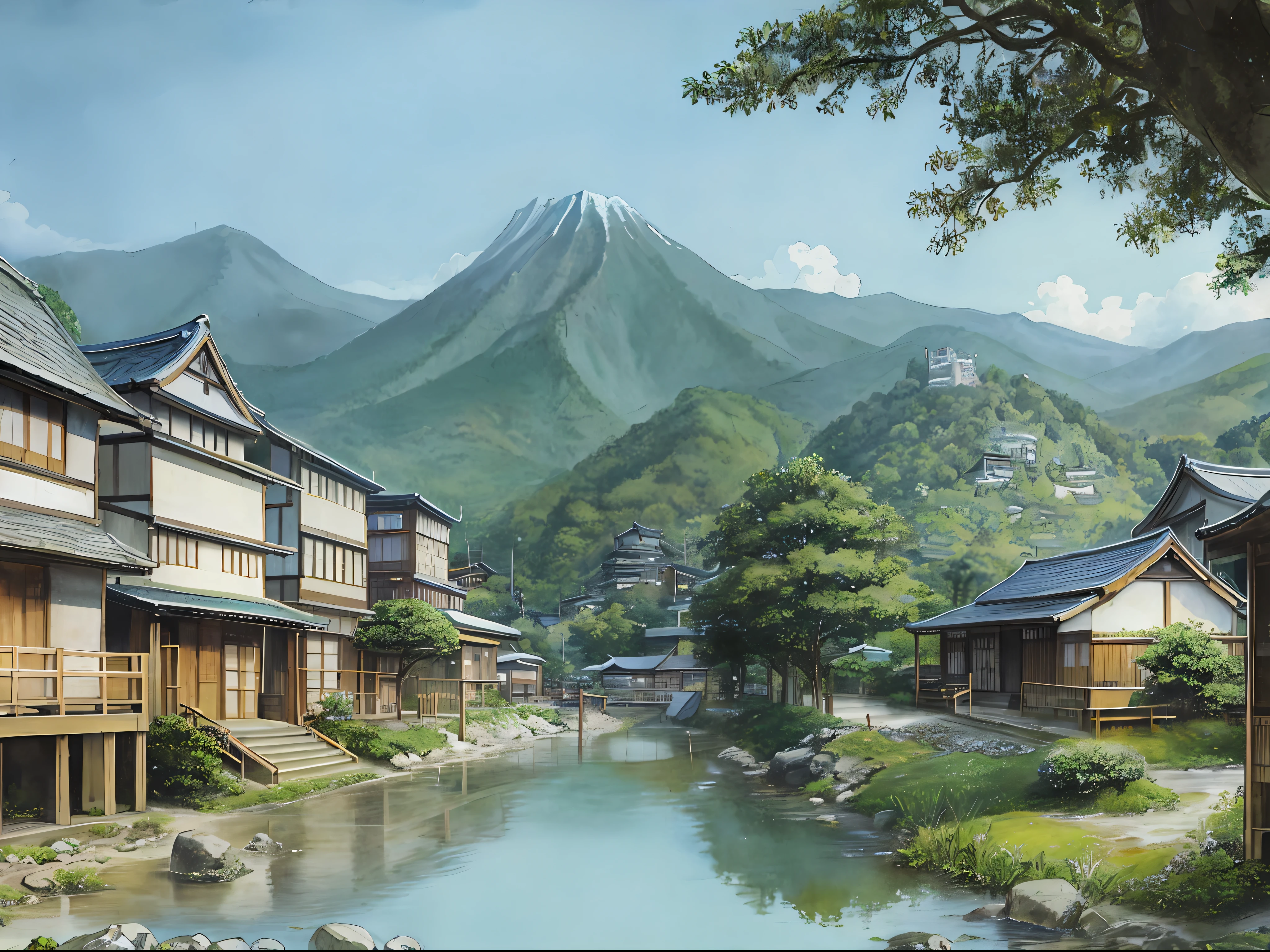 Delicate watercolor illustration of cozy small town in Japan Warring States period, cozy beautiful composition, summer afternoon color scheme, sharp details, intricate details, mountain castle visible in the back of the city