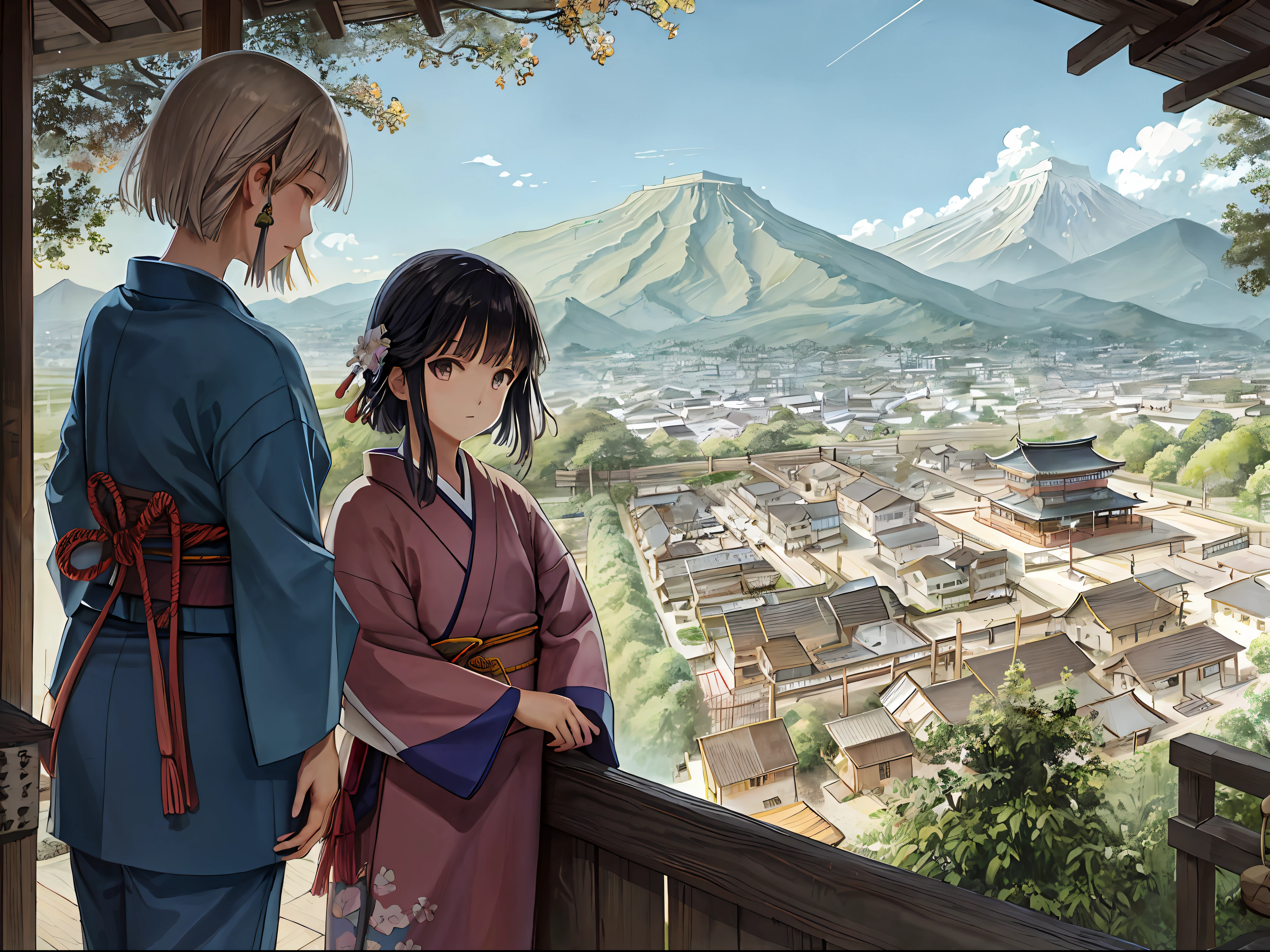 Delicate watercolor illustration of cozy small town in Japan Warring States period, cozy beautiful composition, summer afternoon color scheme, sharp details, intricate details, mountain castle visible in the back of the city