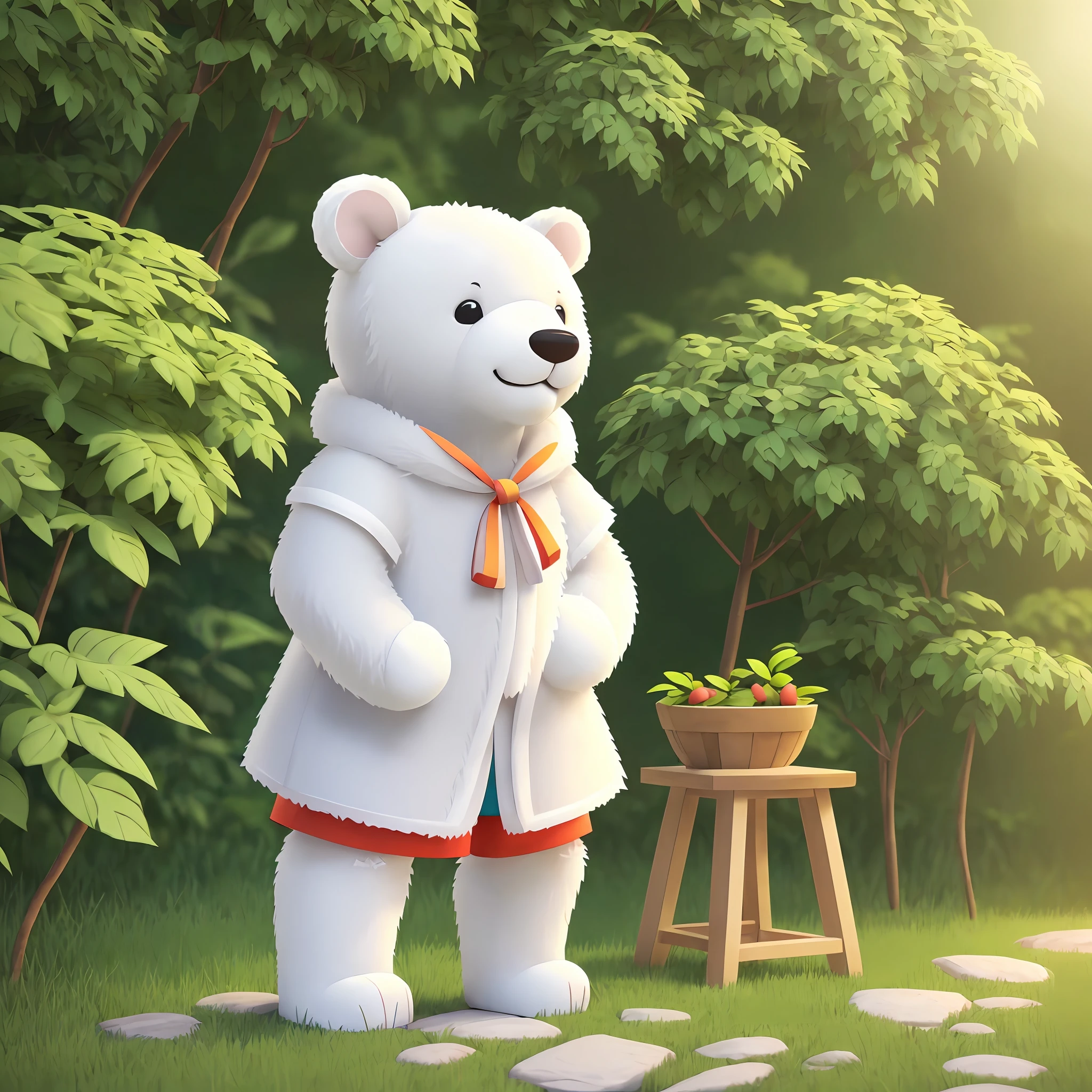 A cute white bear wearing shorts, standing naturally, the design is simple and clear, IP image, high-grade natural color matching. Bright and harmonious, cute and colorful, with detailed character design, C4D style, 3D animation style character design, cartoon realistic and interesting character setting, ray tracing, children's illustration style, style expressive --auto --s2