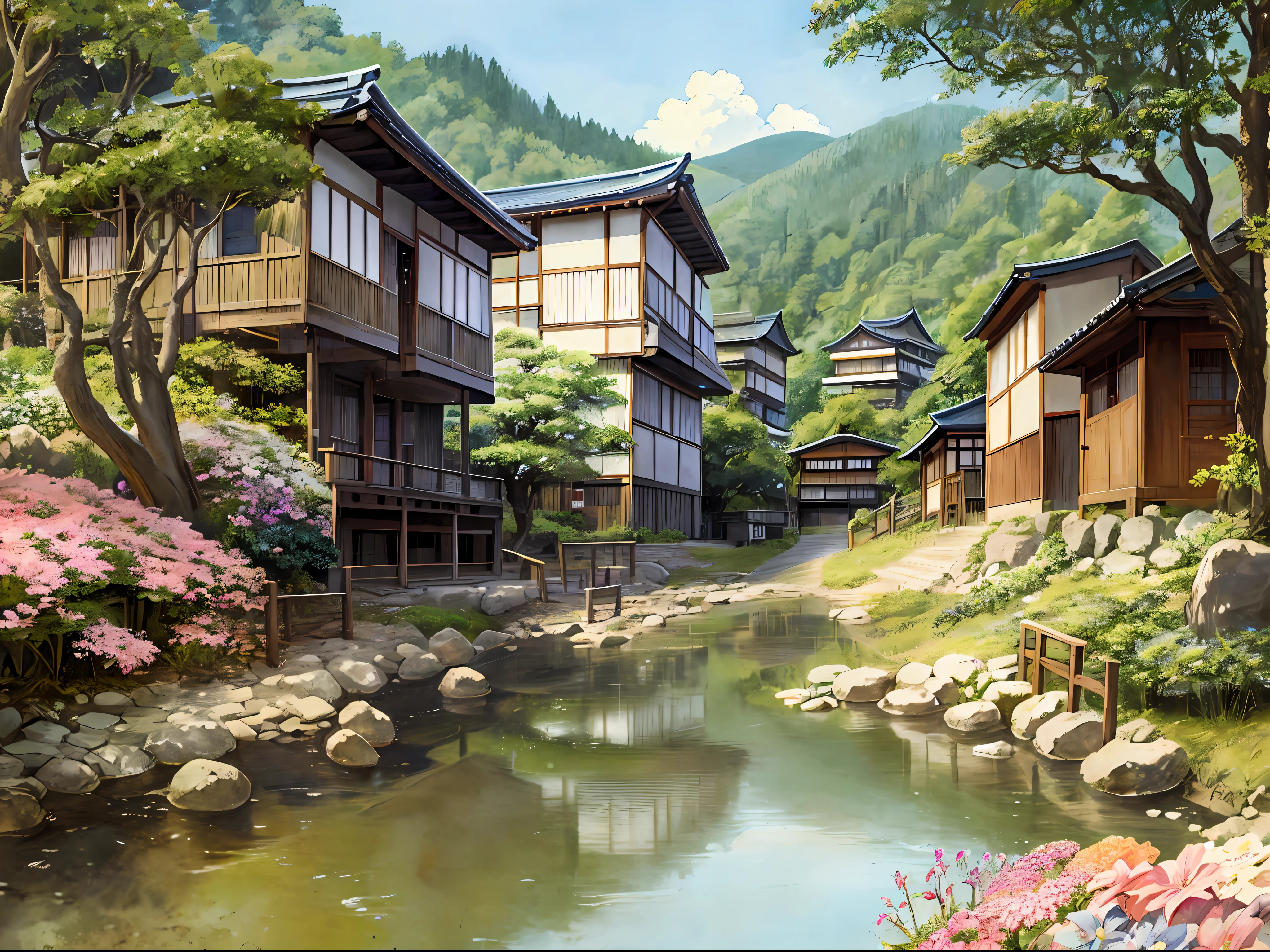 Delicate watercolor illustration of cozy small town in Japan Warring States period, cozy beautiful composition, summer afternoon color scheme, sharp details, intricate details