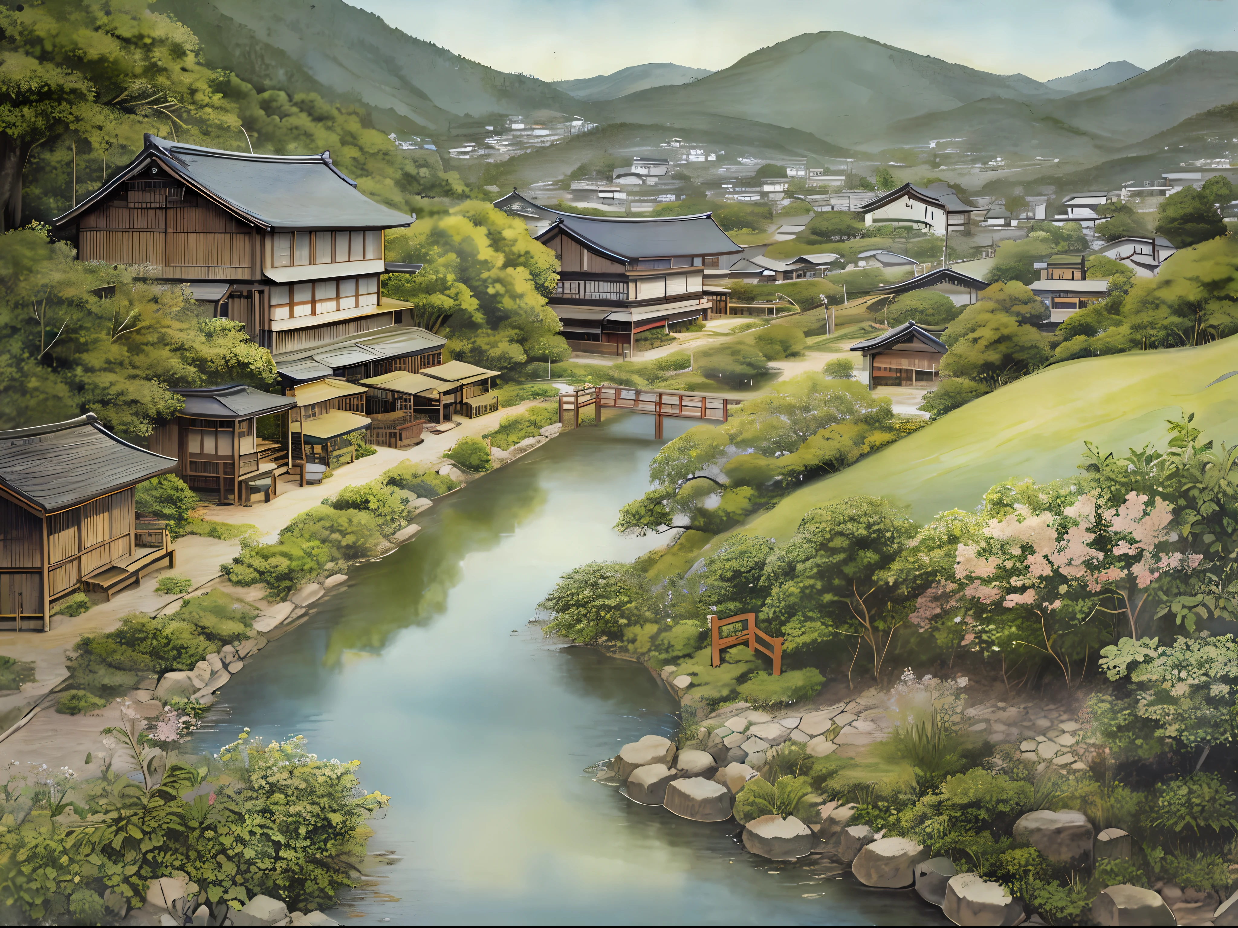 Delicate watercolor illustration of cozy small town in Japan Warring States period, cozy beautiful composition, summer afternoon color scheme, sharp details, intricate details