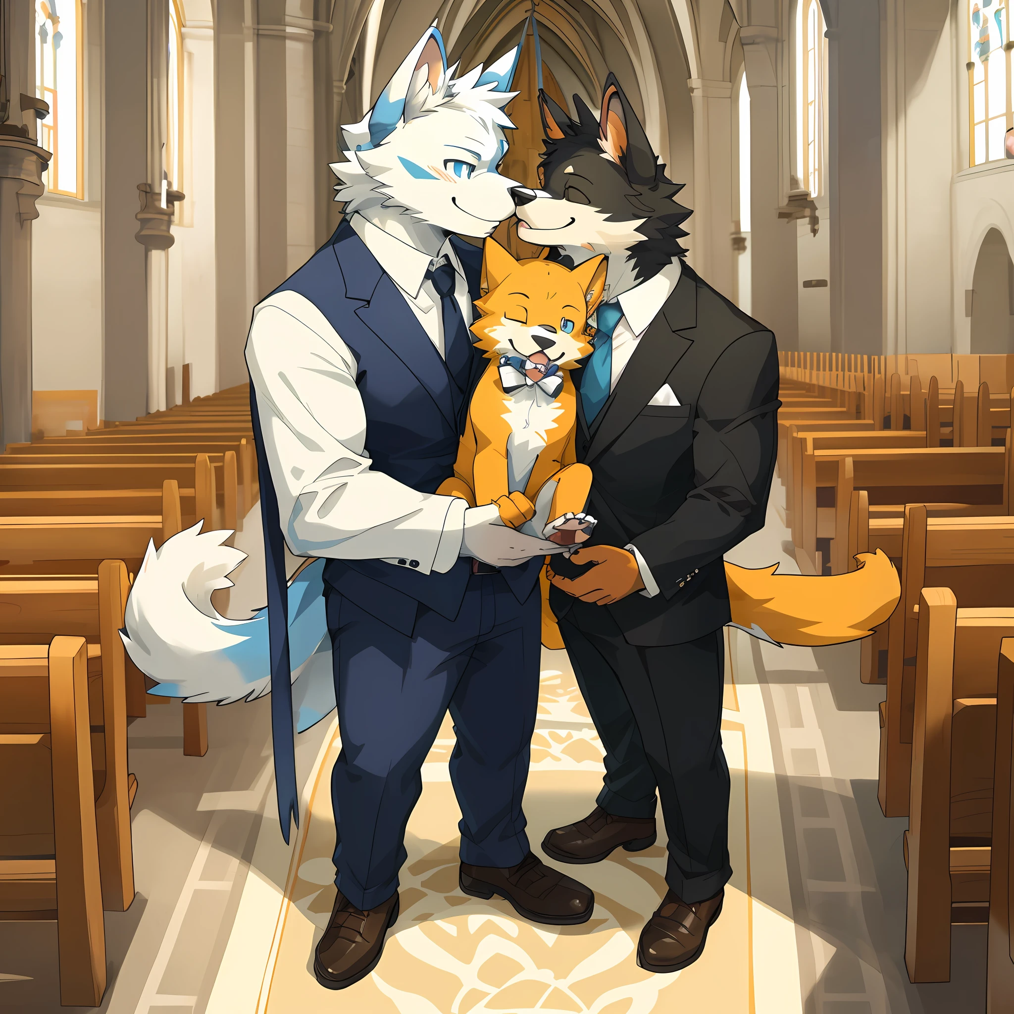 top quality, best quality, masterpiace, super high resolution, detailed background, church(highly detailed beautiful face and eyes)absurdres, perfect anatomy(handsome 2boy, kemono, suits)(furry)(furry anthro:1.7)(Furry body, dog facial features, dog body features)(very detailed body fur)full body, chibi, standing, hugs, bird kiss, smack, smile, happy, enjoy, portrait,