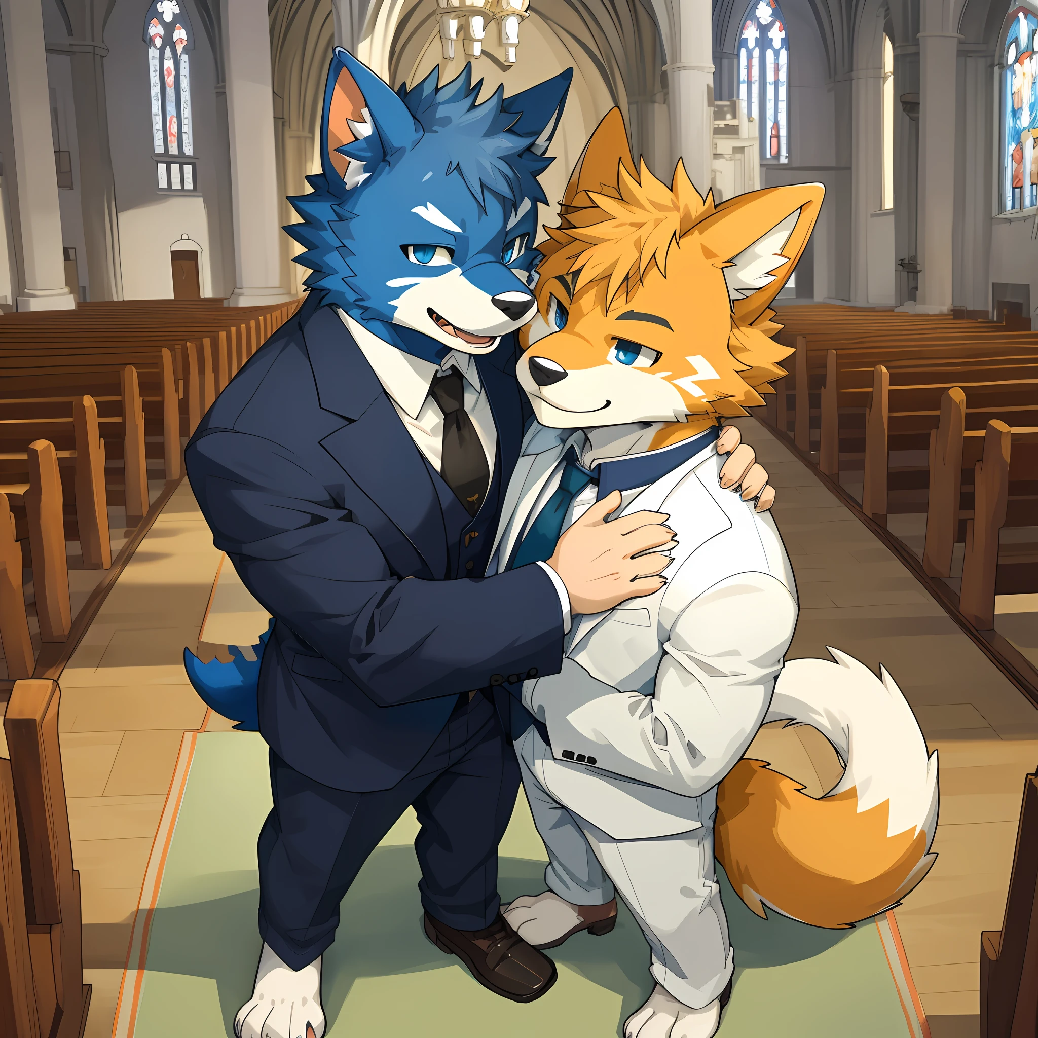 top quality, best quality, masterpiace, super high resolution, detailed background, church(highly detailed beautiful face and eyes)absurdres, perfect anatomy(handsome 2boy, kemono, suits)(furry)(furry anthro:1.7)(Furry body, dog facial features, dog body features)(very detailed body fur)full body, chibi, standing, hugs, bird kiss, smack, smile, happy, enjoy, portrait,