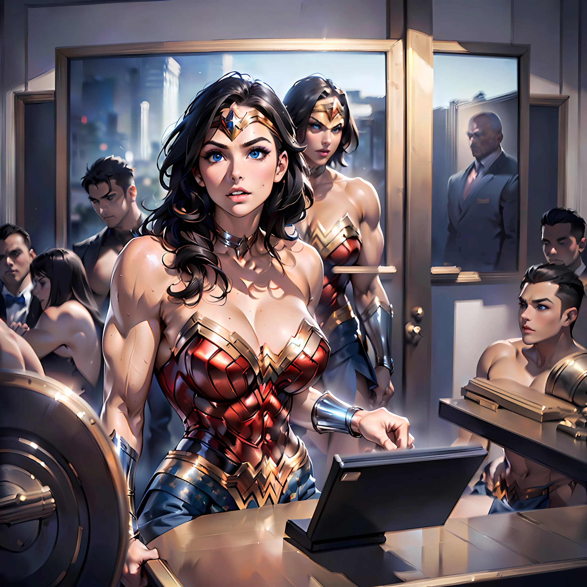Absurd resolution, high resolution, (masterpiece: 1.4), super detail, ((over-sized conference room:1.3)), room is filled with monitors, ((a group of men in suits:1.3)), standing and seating, all looking at the big monitor, monitor showing a wonder woman only, very shocked and surprised expressions, ((wonder woman, (intricate details, makeup), (delicate and beautiful delicate face, delicate and beautiful delicate eyes, perfectly proportioned face), (shiny skin: 1.0), delicate skin, strong and realistic blue eyes, realistic black hair, lips, makeup, natural skin texture, tiara, jewelry, star \(symbol\), leotard, silver bracelet, red knee-high boots, golden belt, (public clothing: 1.5), bare shoulders, Slightly sunburned, mature, sexy, elastic muscles, (muscles: 1.2), ((strong and healthy body)), ((((more) muscles))), long legs, curves, (big breasts: 1.3), cleavage, thin waist, soft waist, (delicate skin), (beautiful and sexy woman), (swollen lips: 0.9), (eyelashes: 1.2), very delicate muscles, perfect body, perfect anatomy)),