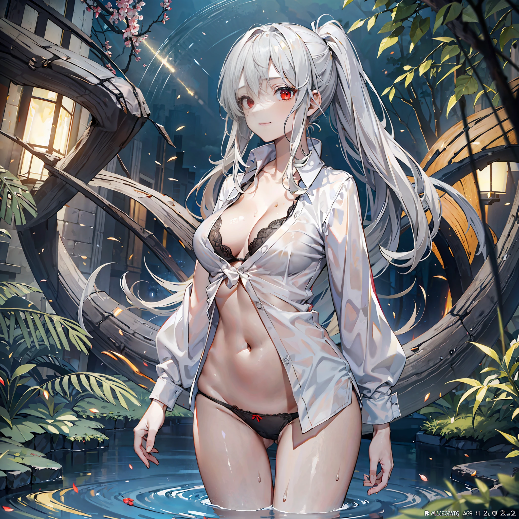 Ultra High Resolution, Masterpiece, (Lori: 1.5), (Gray hair: 1.5), Detailed details, Red eyes, (Small breasts: 1.5), Full body view, Navel, Background blur, Ray tracing, Eyes looking at camera, Happy expression, Bareleg, Barefoot, (Panties only: 1.5), Standing, (Big white shirt: 1.2), (Shirt unbutton: 1.2), (Without bra: 1.3), (Black panties: 1.2), sheer clothes, slim figure, slender legs, sweat, Walk through the river at night through swarms of fireflies