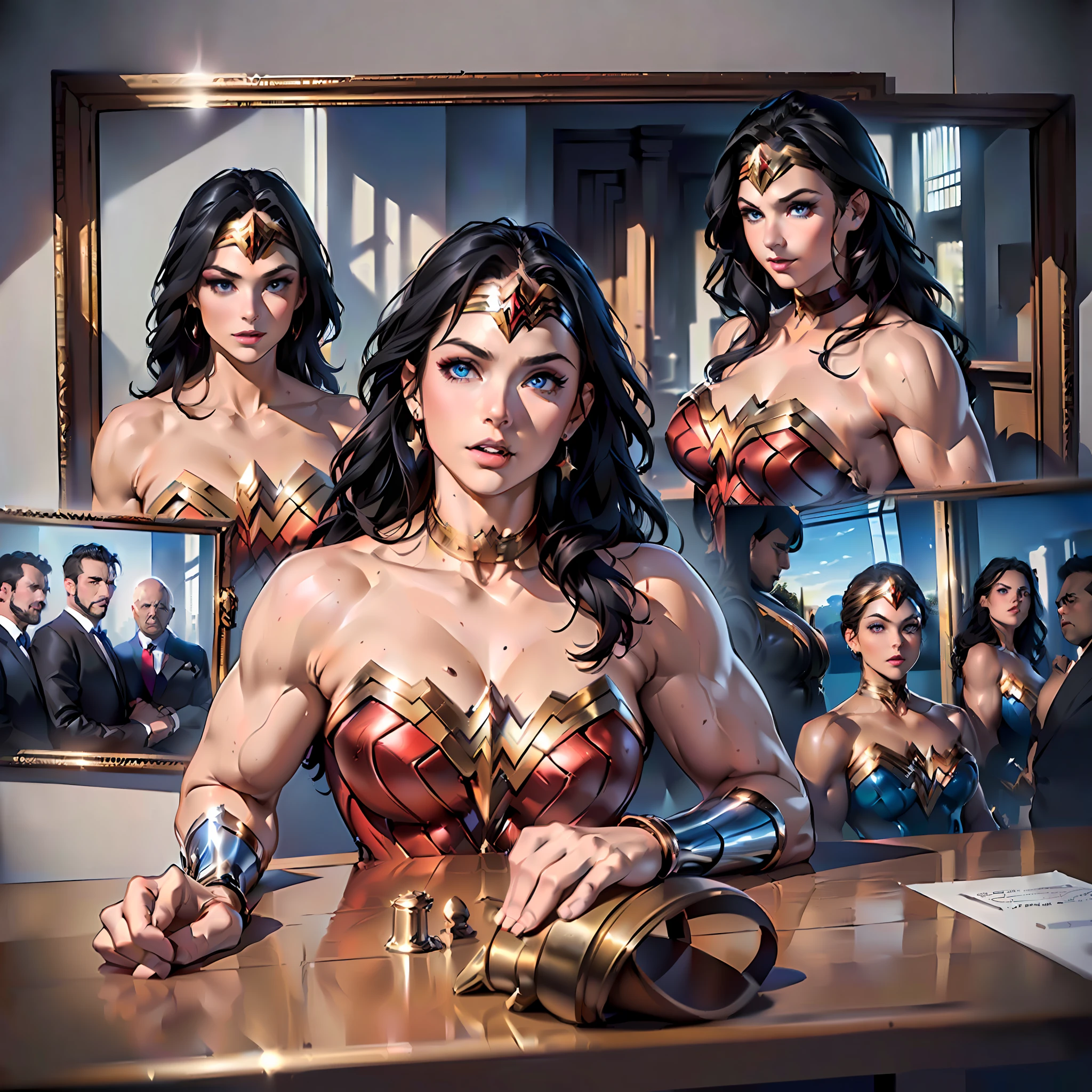 Absurd resolution, high resolution, (masterpiece: 1.4), super detail, ((over-sized conference room:1.3)), room is filled with monitors, ((a group of men in suits:1.3)), standing and seating, all looking at the big monitor, monitor showing a wonder woman only, very shocked and surprised expressions, ((wonder woman, (intricate details, makeup), (delicate and beautiful delicate face, delicate and beautiful delicate eyes, perfectly proportioned face), (shiny skin: 1.0), delicate skin, strong and realistic blue eyes, realistic black hair, lips, makeup, natural skin texture, tiara, jewelry, star \(symbol\), leotard, silver bracelet, red knee-high boots, golden belt, (public clothing: 1.5), bare shoulders, Slightly sunburned, mature, sexy, elastic muscles, (muscles: 1.2), ((strong and healthy body)), ((((more) muscles))), long legs, curves, (big breasts: 1.3), cleavage, thin waist, soft waist, (delicate skin), (beautiful and sexy woman), (swollen lips: 0.9), (eyelashes: 1.2), very delicate muscles, perfect body, perfect anatomy)),