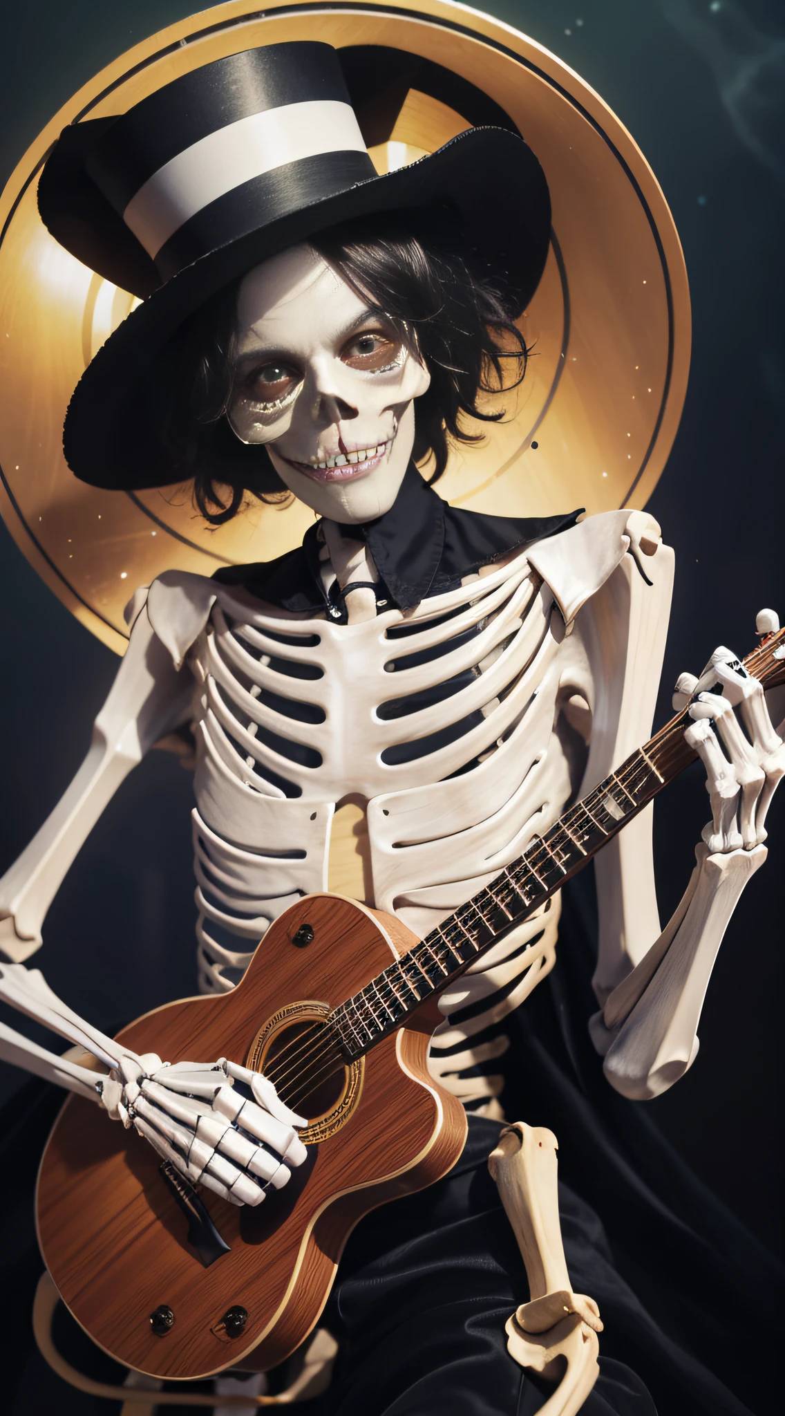 masterpiece, best quality,8k,highestres, absurdres, extremely detailed, brook, 1 boy, afro hair, solo, looking at viewer, an extremely tall skeleton dressed in formal attire complete with top hat and guitar, ((skeleton hands and body)), graveyard background,///,