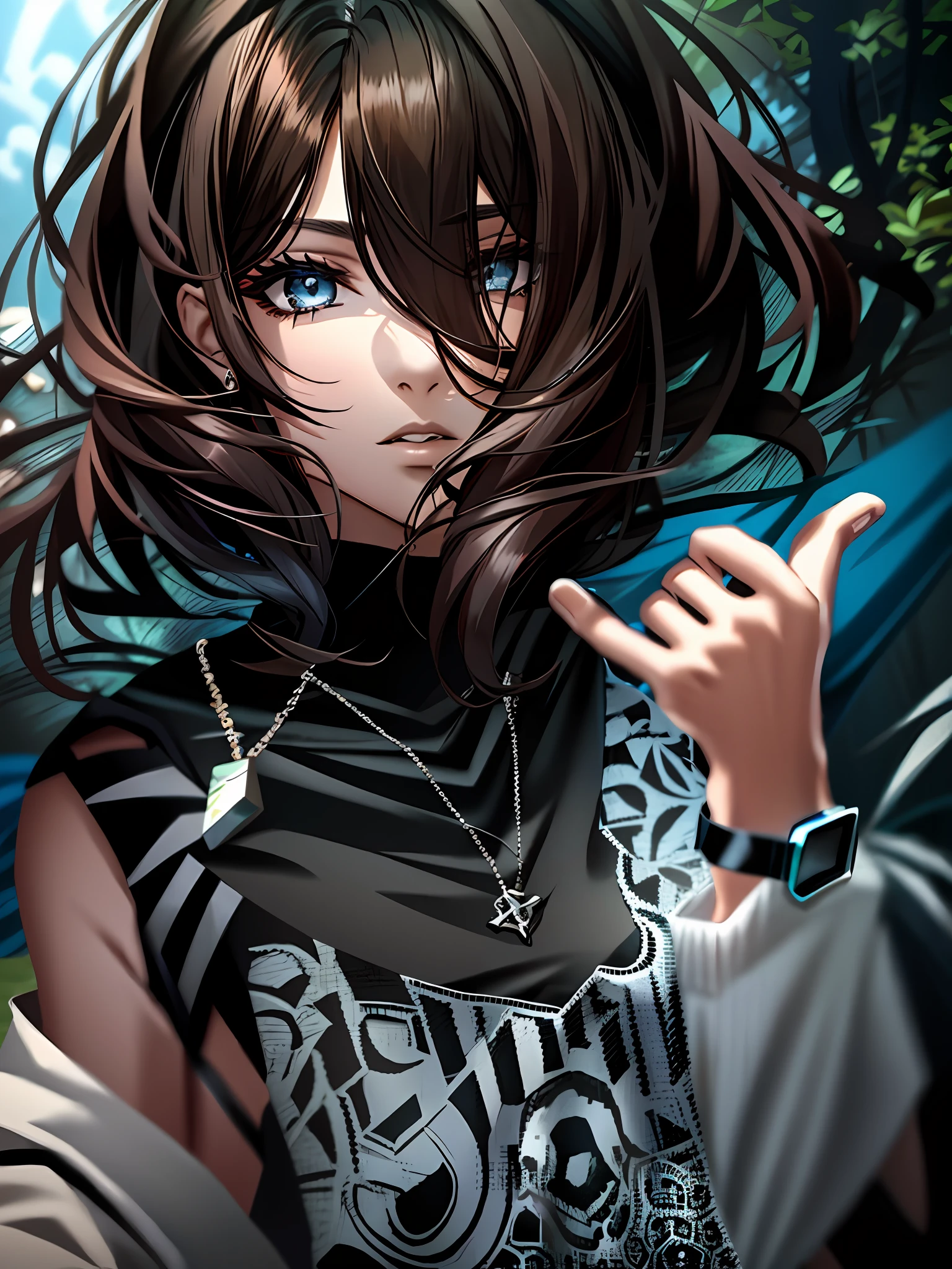 sfw, brunette woman with a ((sleevless black top)) with a print, goth girl, necklace, tree, park, masterpiece, 8k