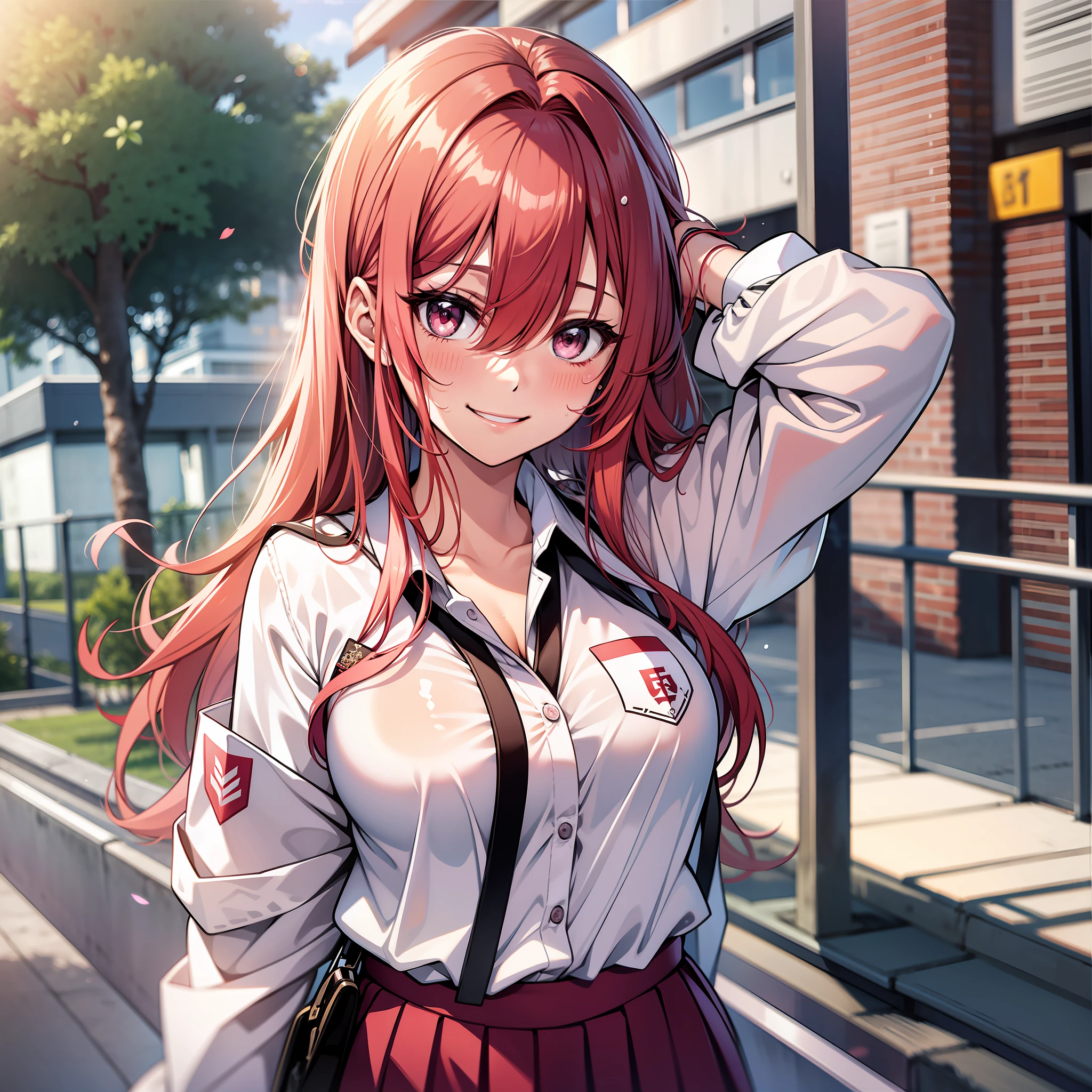 1girl,red hair,pink eyes,blushed,shy,student,student uniform,summer,sweaty body,smiling