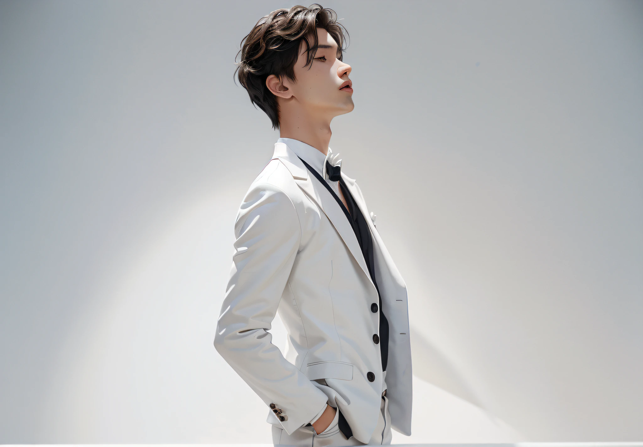 Pure white loose suit, a little boy in a pure white suit, simple white suit, pure white clothing, arrogantly raising his neck