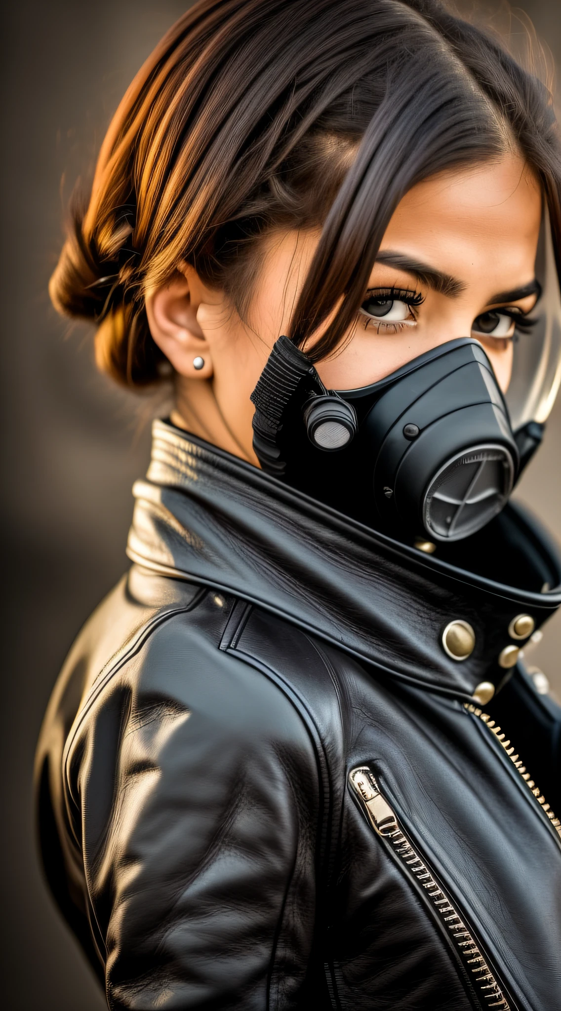 A close-up portrait of a woman wearing a gas mask and a leather jacket, looking defiantly at the camera. The camera is a DSLR with a wide-angle lens and the lighting is harsh and dramatic.