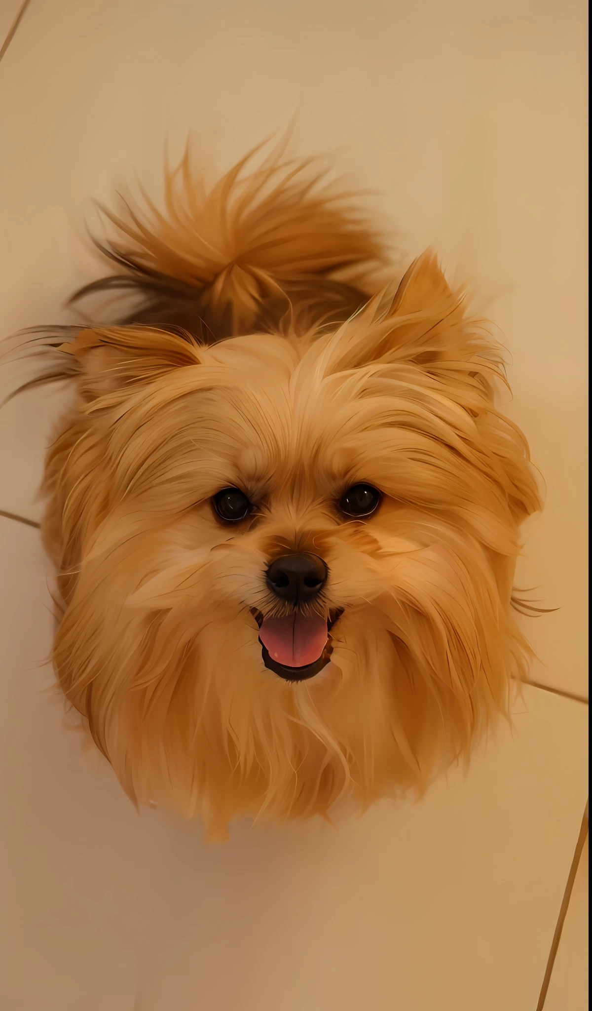 Anime style drawing, Arafed dog sitting on a floor covered with cherry blossoms looking at the camera, Pomeranian mix, poofy, cute dog, Pomeranian, small dog, crested chinese dog powderpuff, cute face, cute orange belly, smiling happily for the camera, cuddly!, beautiful, cute silly face, happy dog, smiling from above, Japanese dog, yorkshire terrier