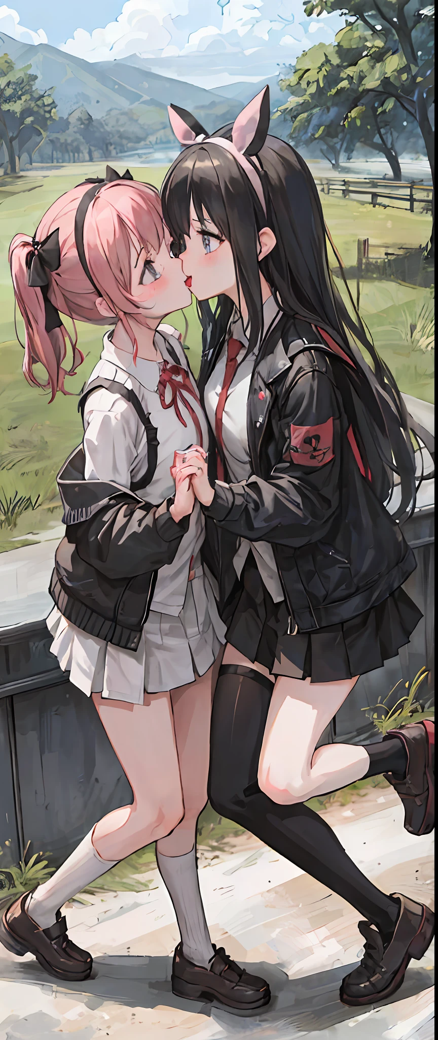 two anime-ish girls lick each others tongues in a field picture, multiple girls, 2girls, blue eyes, tongue, looking at viewer, kiss, outdoors, saliva, black hair, french kiss, pink hair, long hair, tree, tongue out, necktie, ribbon, blush, hair ribbon, bangs, shirt, white shirt, hairband,two anime anime anime japanese anime girls holding hands with one another, 2girls, blonde hair, multiple girls, smile, jacket, open mouth, looking at viewer, black hair, twintails, upper body, long sleeves, :d