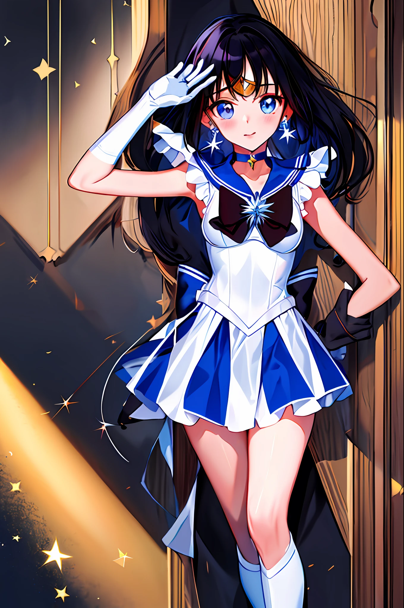 masterpiece, best quality, highres, mer1, tiara, sailor senshi uniform, blue skirt, blue sailor collar, tiara, bow, knee boots, choker, white gloves, blue choker, elbow gloves, jewelry, earrings, pleated skirt, night, grass, cowboy shot,