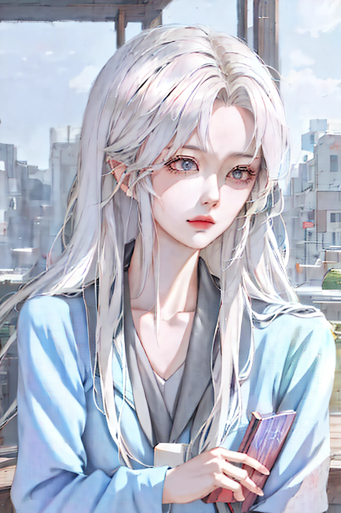 Anime girl with gray hair holding a book, Guwiz style artwork, surreal schoolgirl, surreal schoolgirl, realistic schoolgirl, realistic anime 3 D style, guwiz, anime realism style, realistic anime art style, guwiz on pixiv art station, digital anime illustration, detailed digital anime art