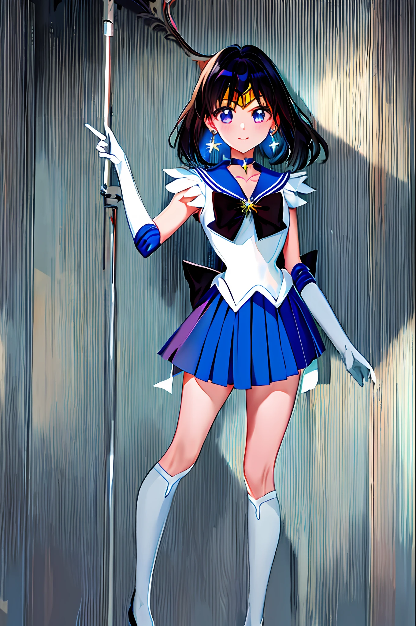 masterpiece, best quality, highres, mer1, tiara, sailor senshi uniform, blue skirt, blue sailor collar, tiara, bow, knee boots, choker, white gloves, blue choker, elbow gloves, jewelry, earrings, pleated skirt, cowboy shot, hand on hip, city