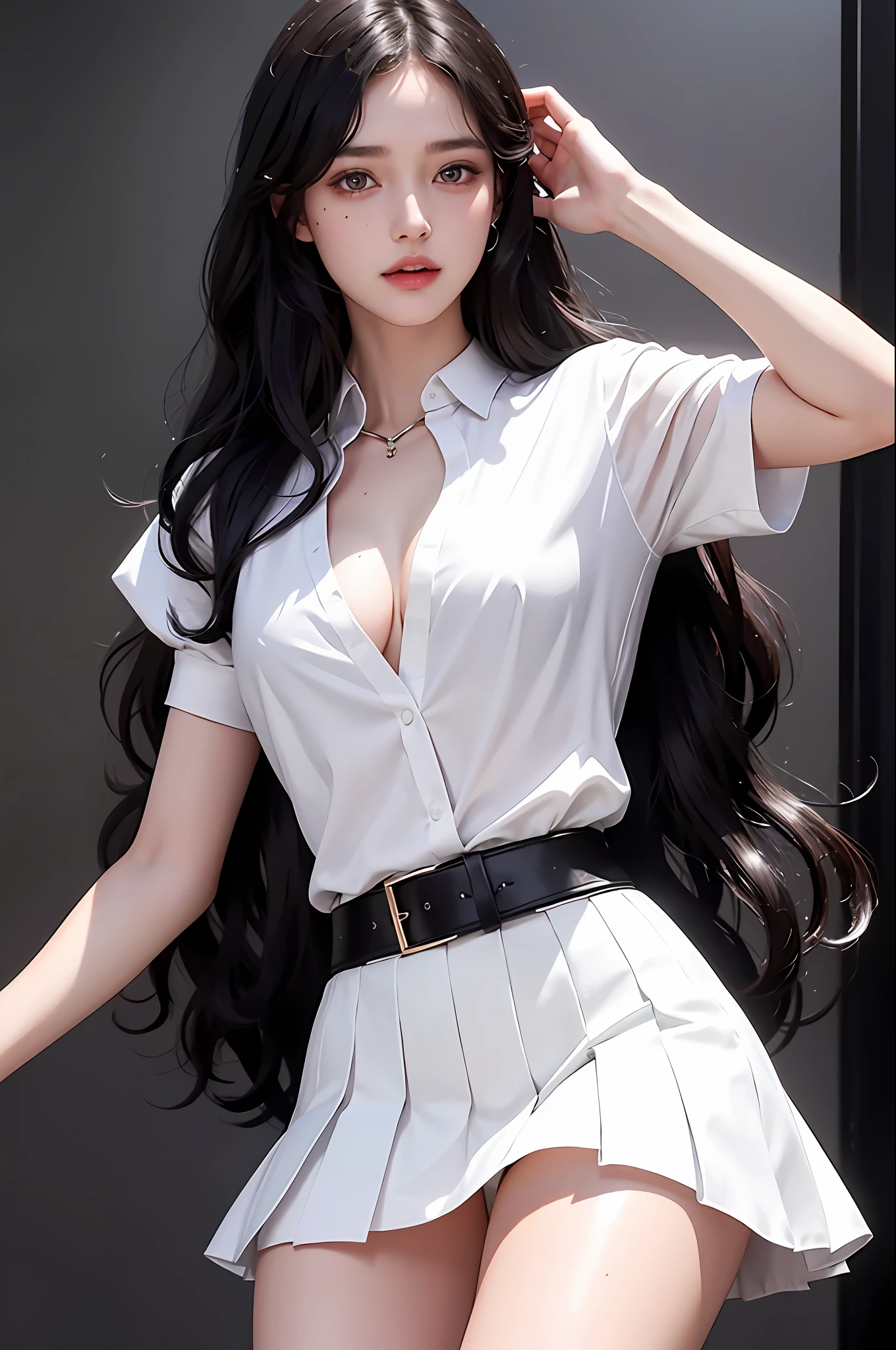 Realistic, high resolution, 1 girl, black wavy hair, heterochromic eyes, small moles under the eyes, white shirt, black pleated skirt, visible chest line, long legs, tight abs, dynamic pose, catwalk Deep V pronounced chest line