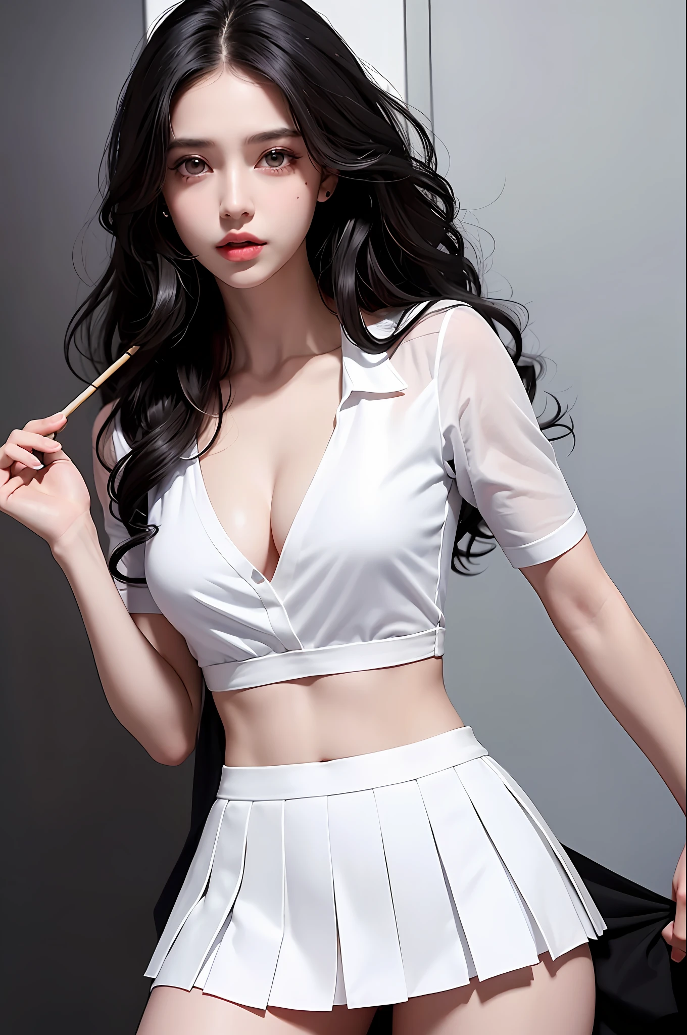 Realistic, high resolution, 1 girl, black wavy hair, heterochromic eyes, small moles under the eyes, white shirt, black pleated skirt, visible chest line, long legs, tight abs, dynamic pose, catwalk Deep V pronounced chest line