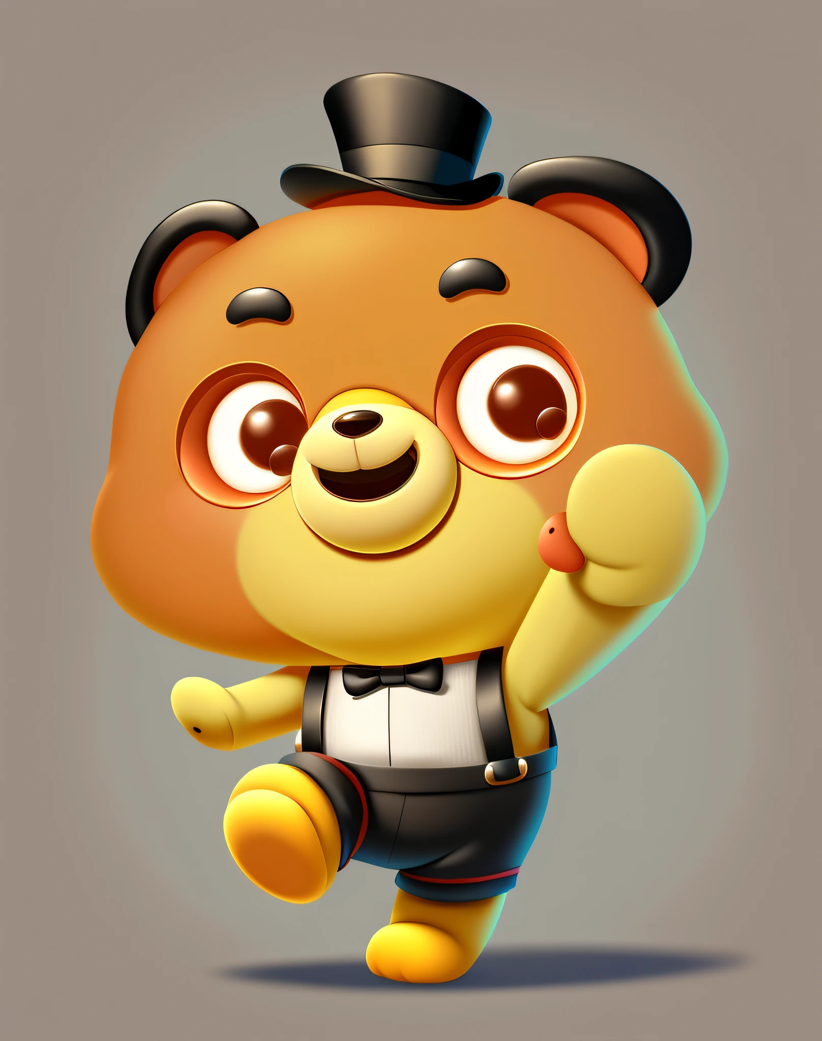 cartoon bear with a top hat and suspenders running, cute cartoon character, cute character, telegram sticker, portrait of anthropomorphic bear, mascot illustration, toonix character, gummy bear, dancing character, teddy fresh, cute boy, cute 3 d render, official character illustration, anthropomorphic character, official character art, animation character, official illustration