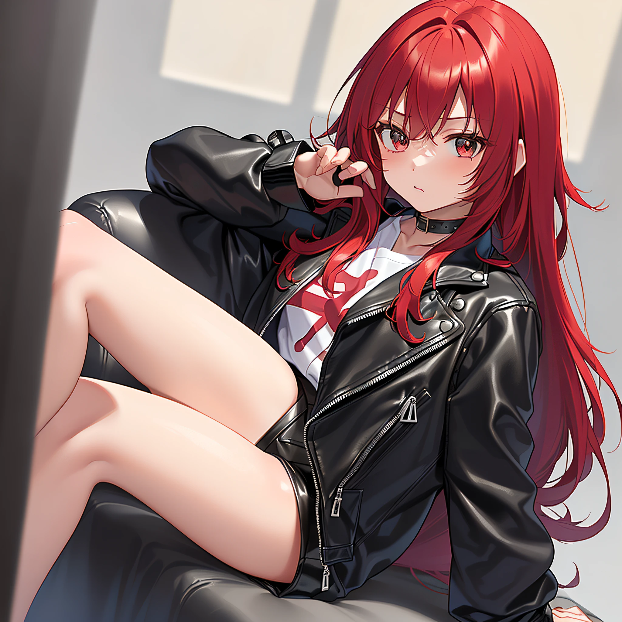 Japanese manga style, royal sister, red hair, long hair, black leather jacket, white shirt, shorts, slouchy,